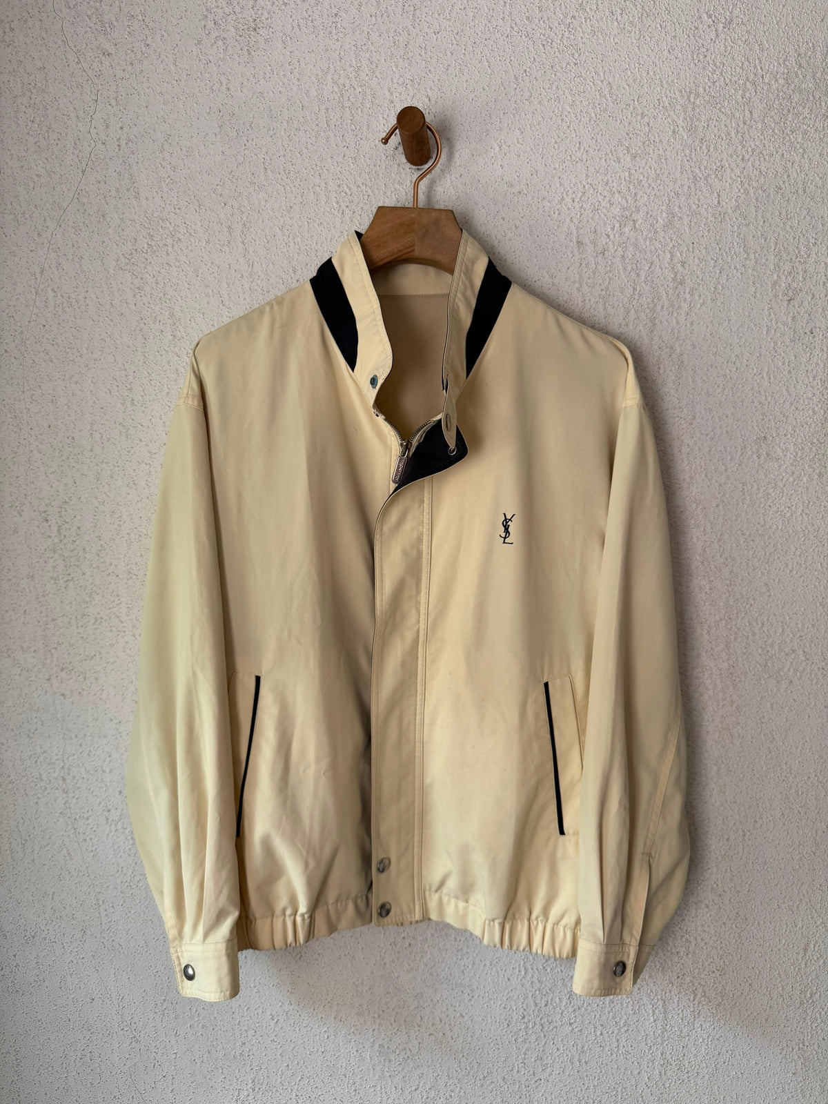 Yves Saint Laurent Vintage Butter Yellow Navy YSL Logo Bomber Windbreaker Jacket size 95