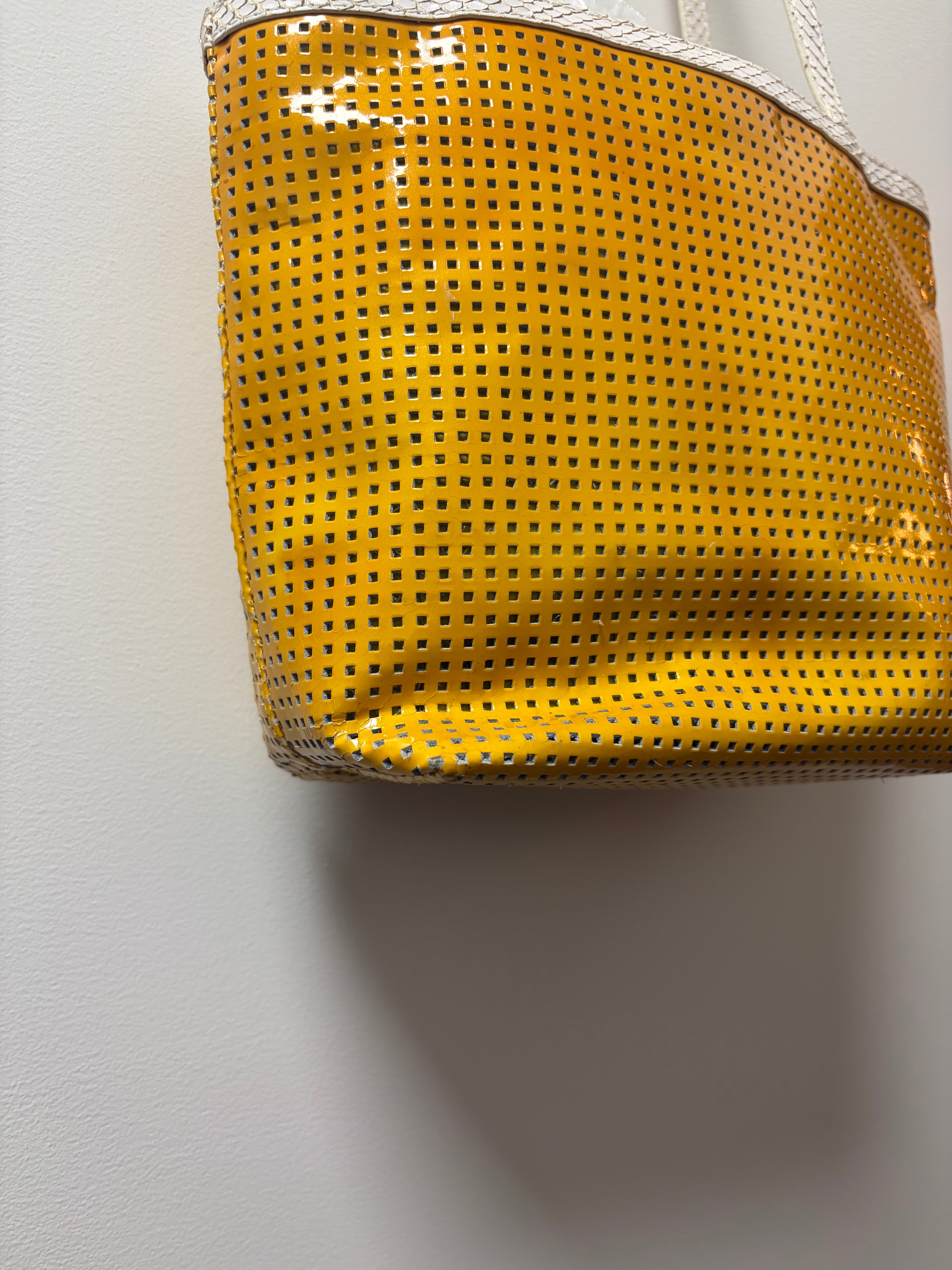 Fendi Yellow Perforated Metallic Leather Mini Tote Bag White Trim FF Logo