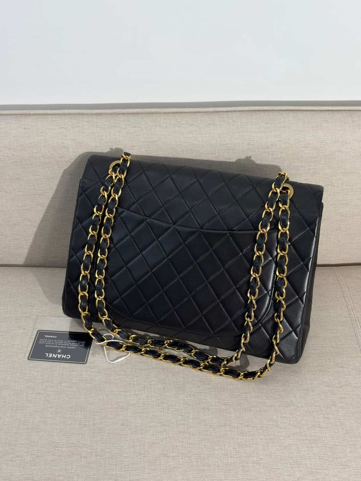 Chanel Maxi Flap Bag Black Quilted Leather 24K Gold Plated CC Vintage 1991-1994