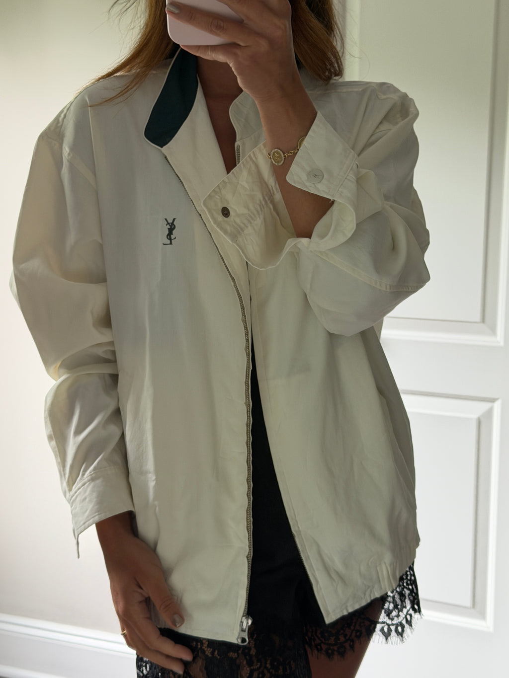 Yves Saint Laurent Vintage Off White Lightweight Jacket Green Logo Green Collar Size 100