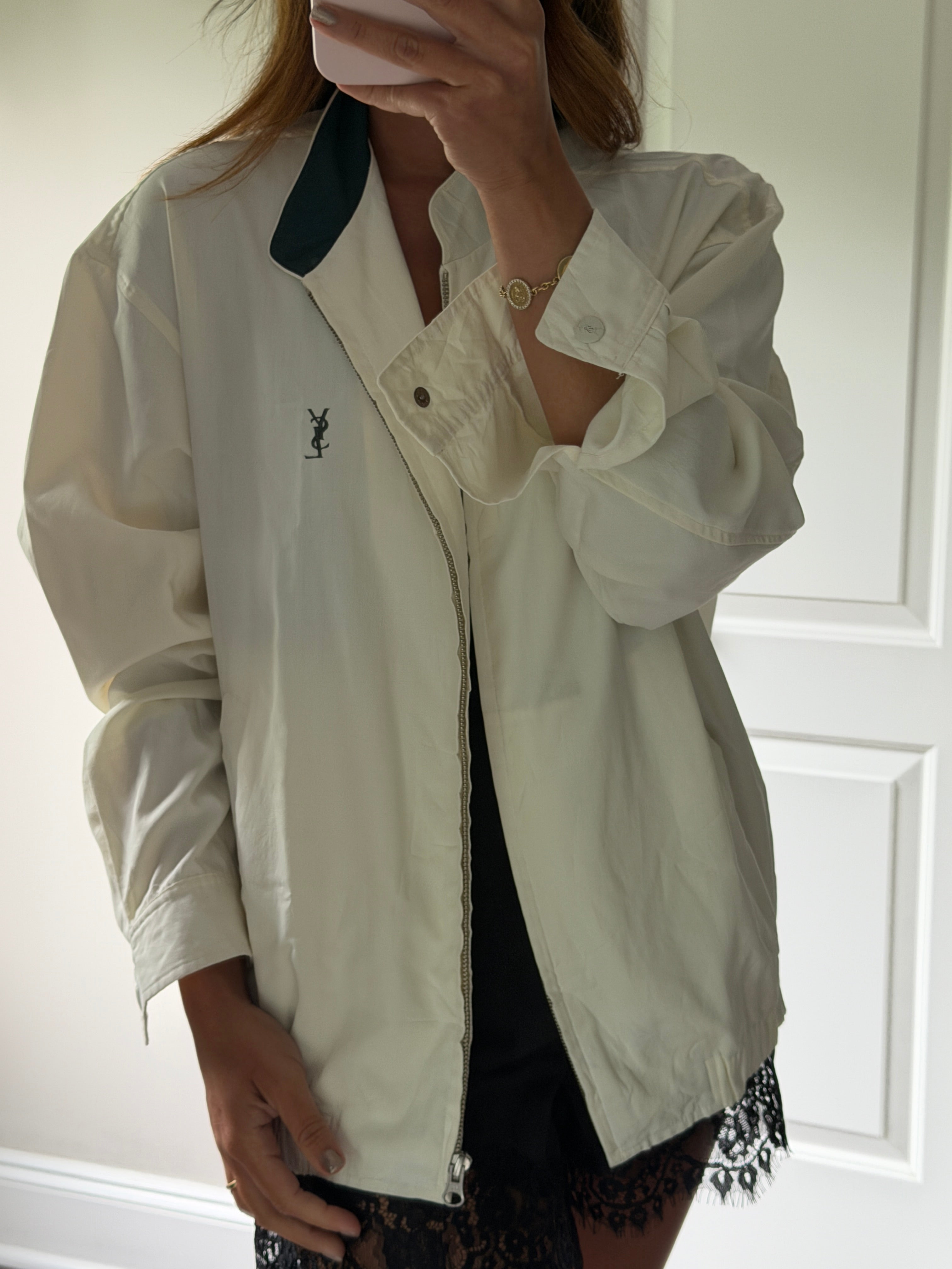Yves Saint Laurent Vintage Off White Lightweight Jacket Green Logo Green Collar Size 100