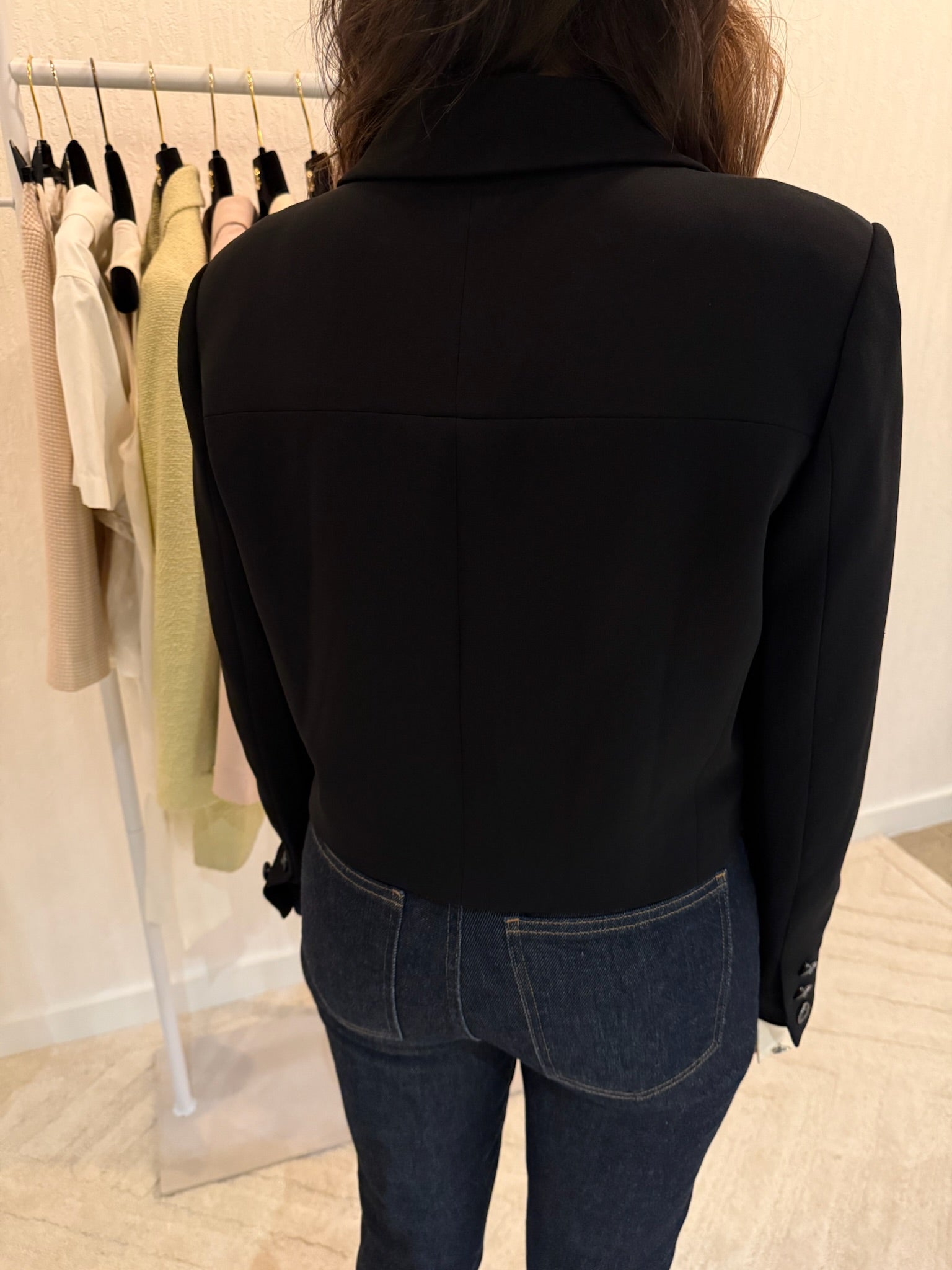 Chanel 2015 Silk Black Runway Blazer with Removable White Sleeves | FR40