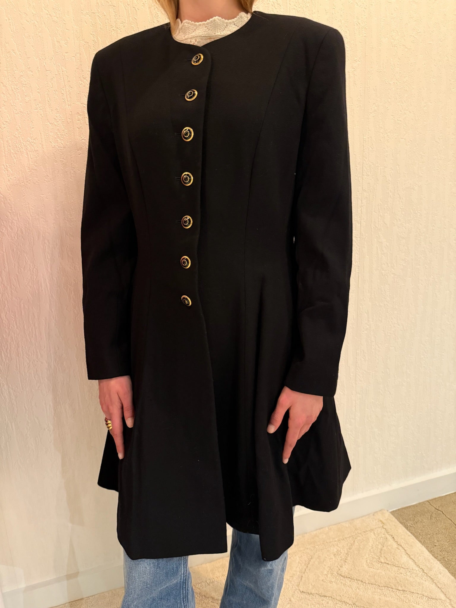 Escada by Margaretha Ley Black Wool Coat Jacket Small Longline Classic