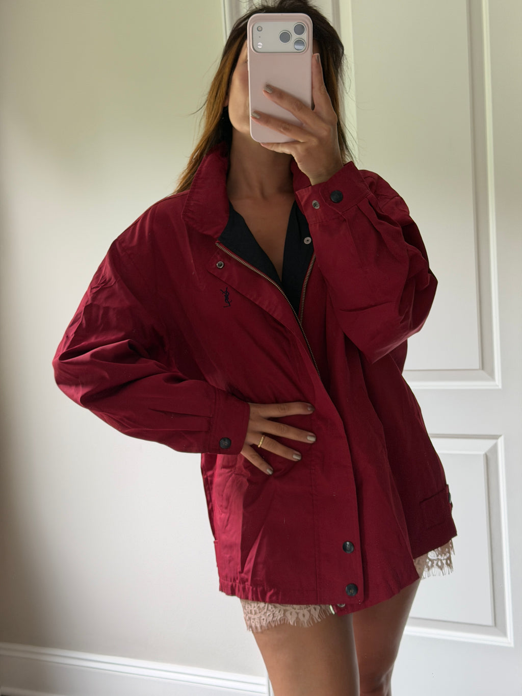 Yves Saint Laurent Vintage 90s Red YSL Logo Windbreaker Jacket Navy Logo Hidden Hood Size 100 Oversized