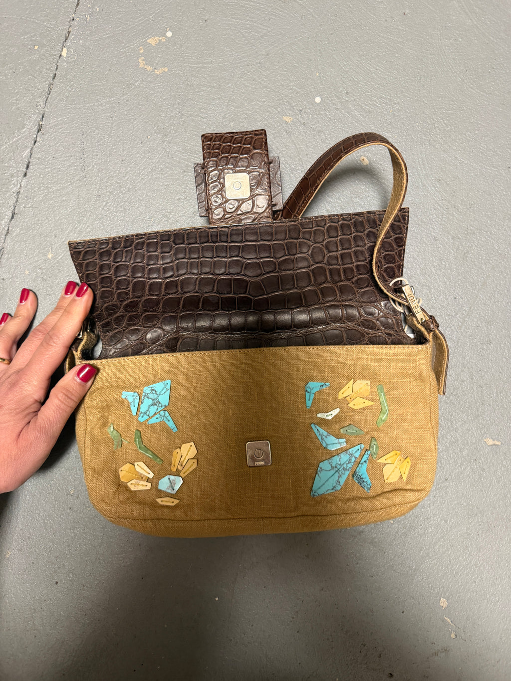 Fendi Embellished canvas baguette
