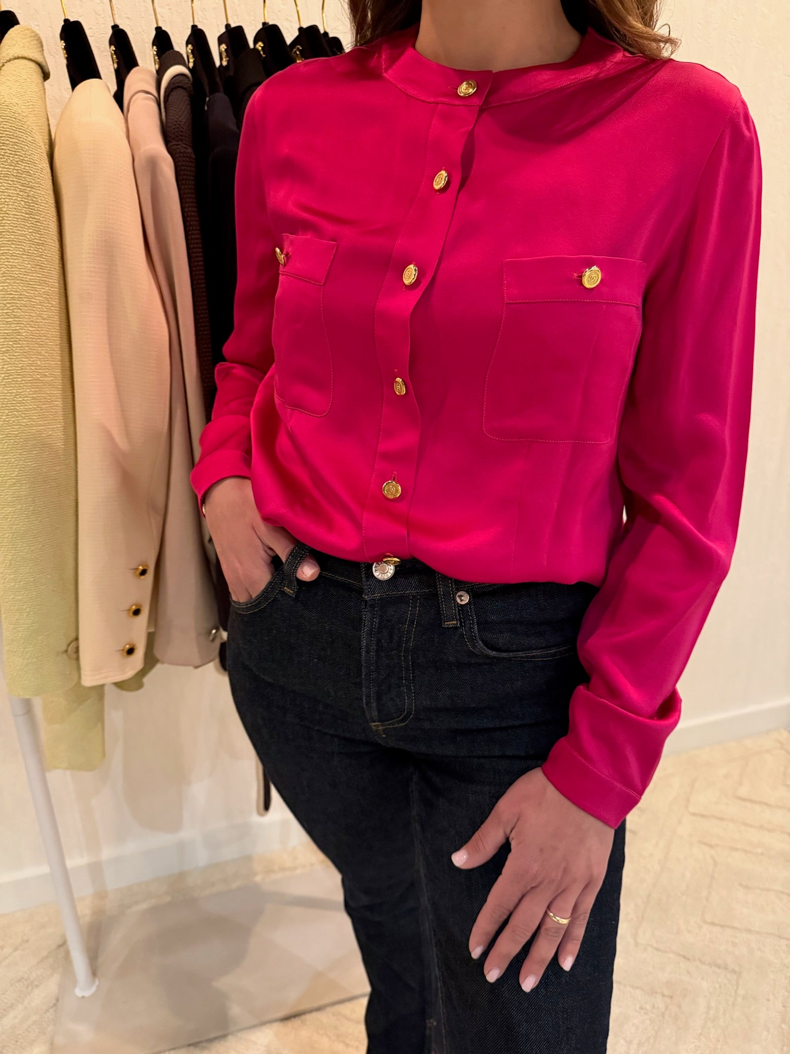 Chanel 1991 Pink Silk Button-Up Blouse Gold CC Logo Buttons FR36