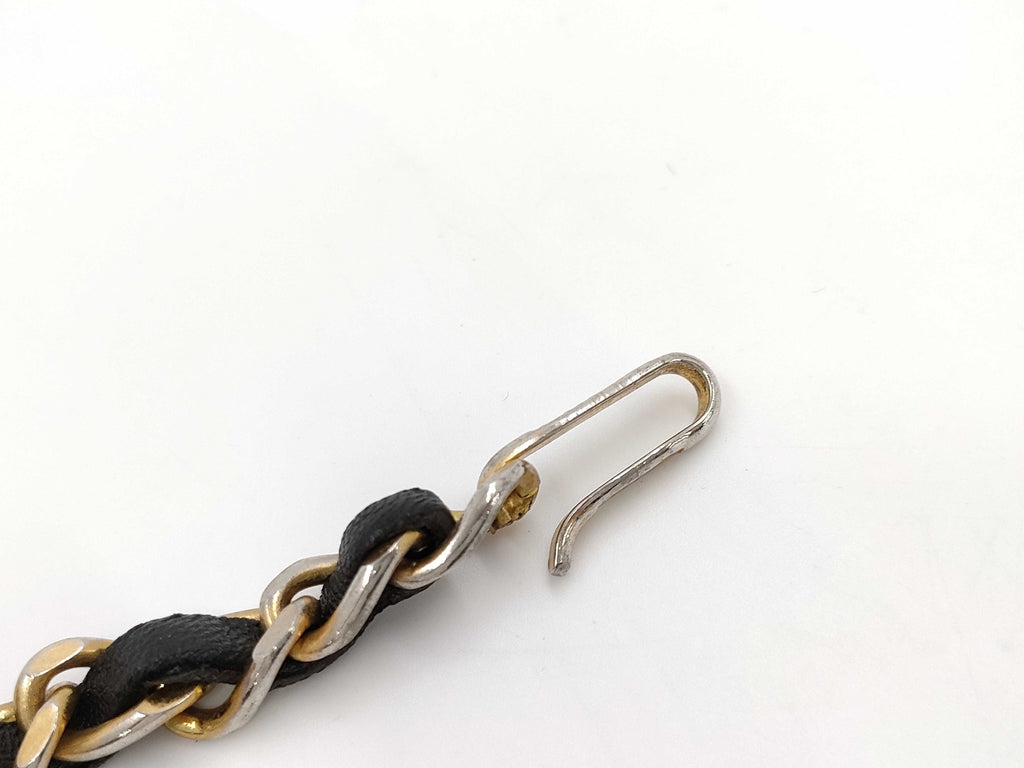 Chanel Leather Woven Chain Strap Necklace Belt Gold Tone Black Leather Medallion Charm