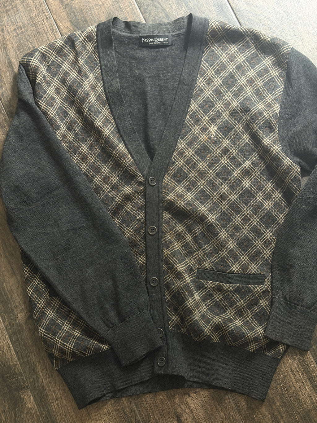 Yves Saint Laurent YSL Argyle Knit Cardigan Sweater Size 95 Black Brown Wool Blend