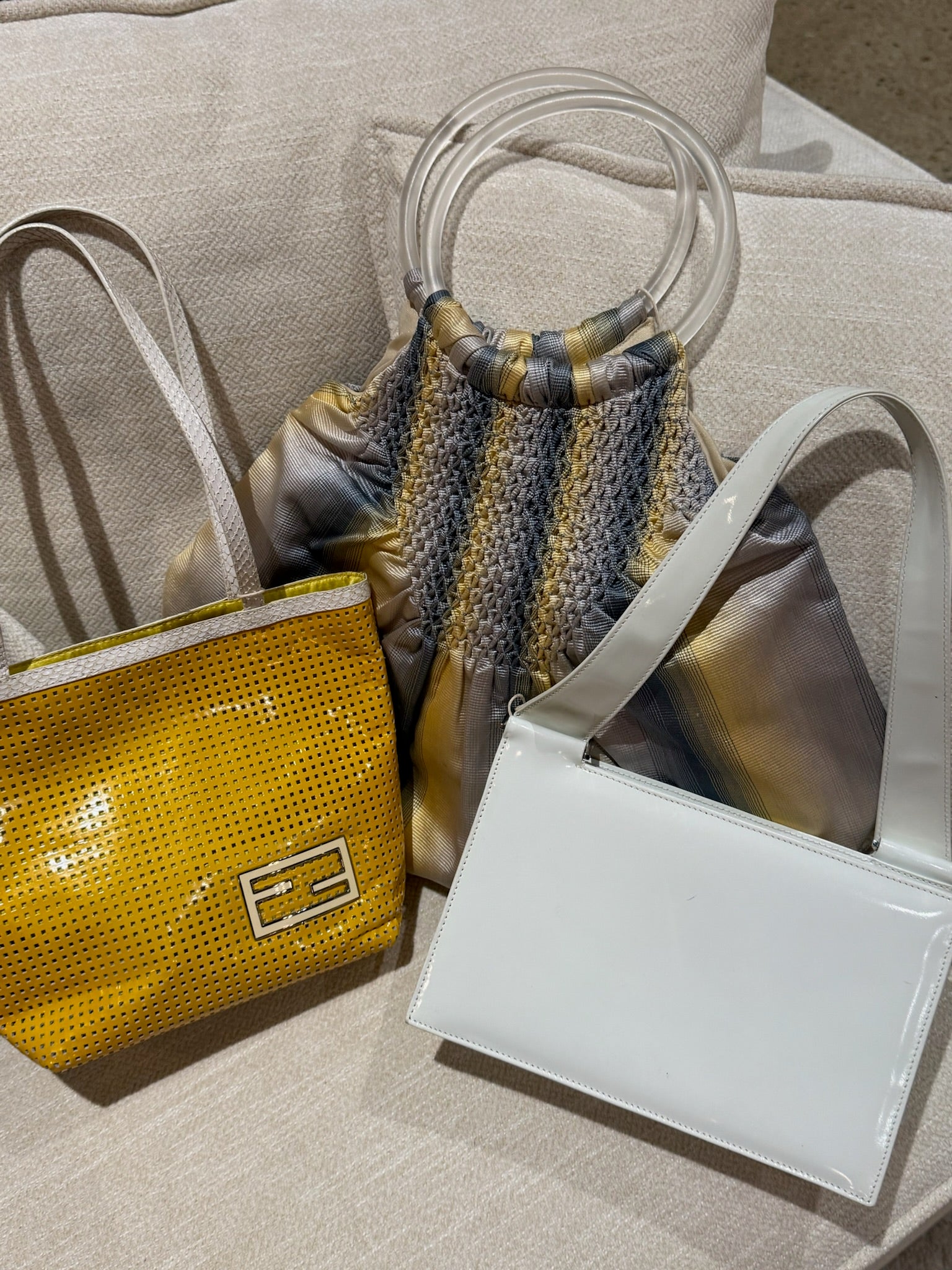 Fendi Yellow Perforated Metallic Leather Mini Tote Bag White Trim FF Logo