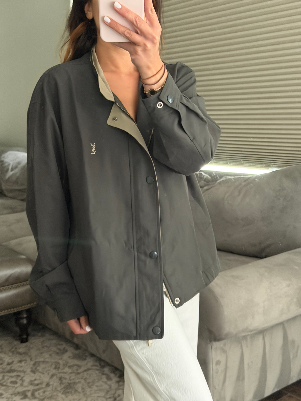 Yves Saint Laurent Vintage 90s Brown Windbreaker Taupe Collar & YSL Logo Size 100