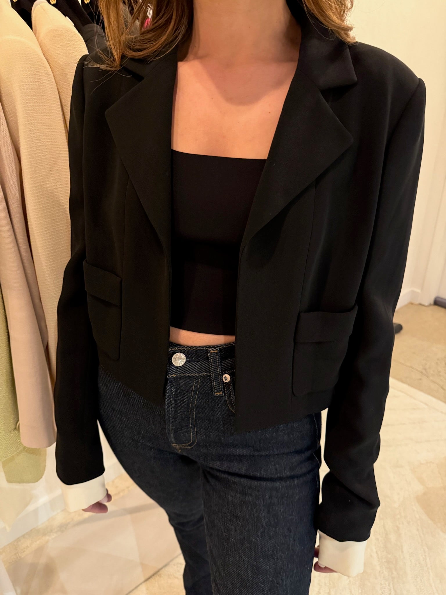 Chanel 2015 Silk Black Runway Blazer with Removable White Sleeves | FR40