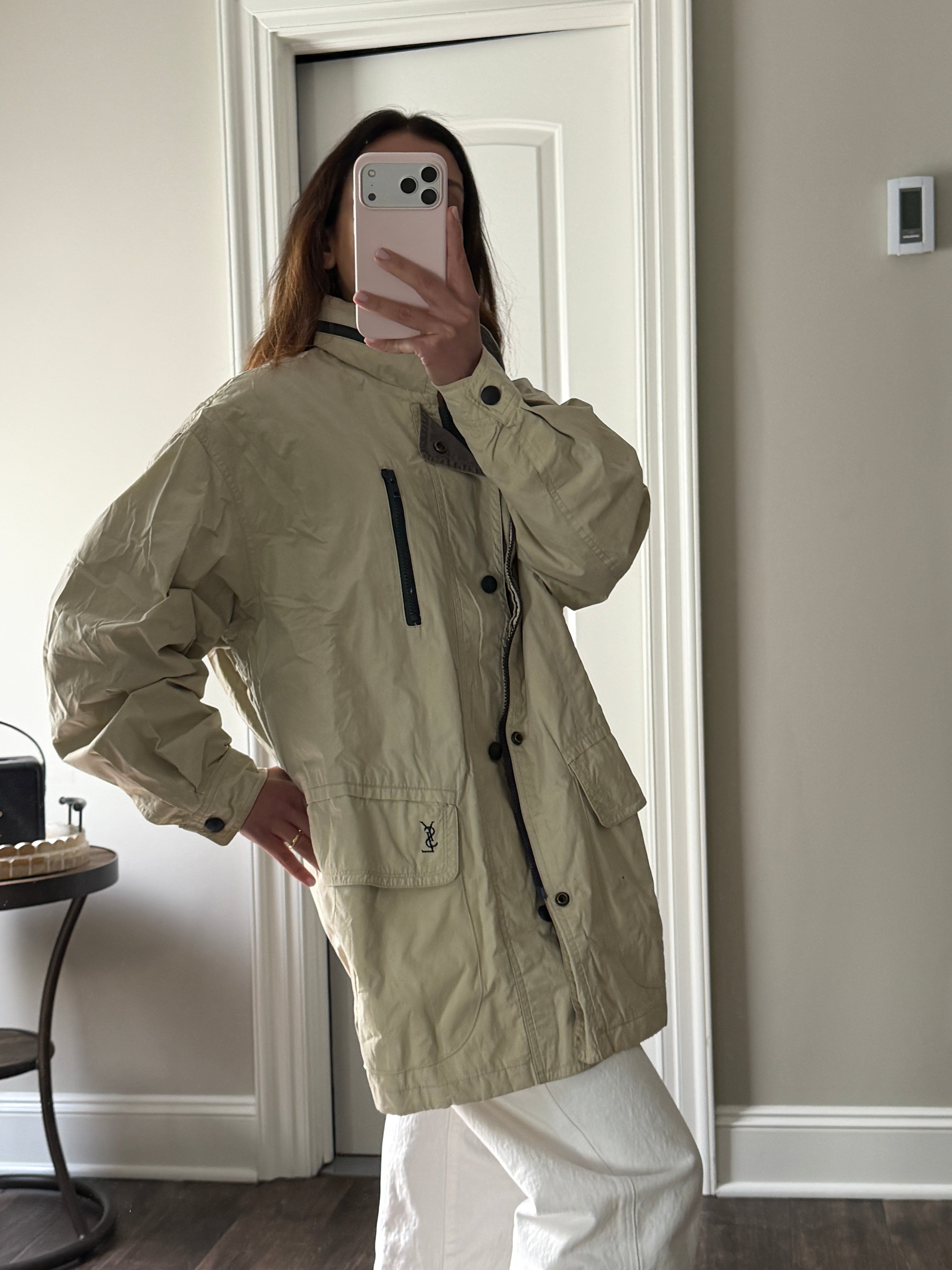 Saint Laurent Khaki YSL Pocket Windbreaker Jacket w/ Hood