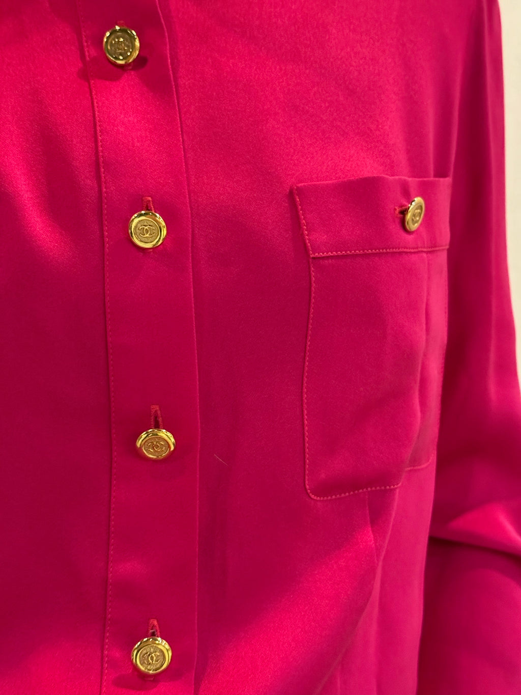 Chanel 1991 Pink Silk Button-Up Blouse Gold CC Logo Buttons FR36
