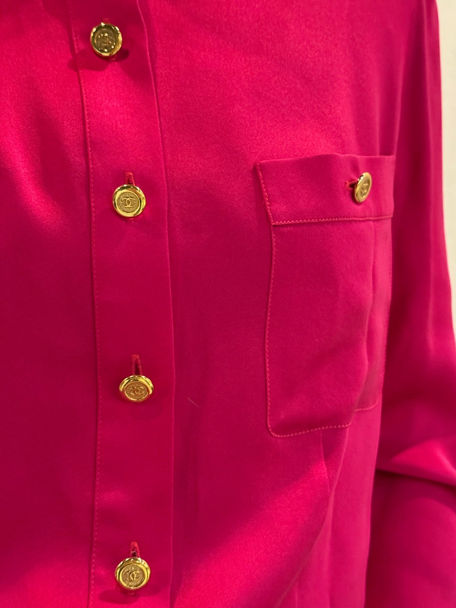Chanel 1991 Pink Silk Button-Up Blouse Gold CC Logo Buttons FR36