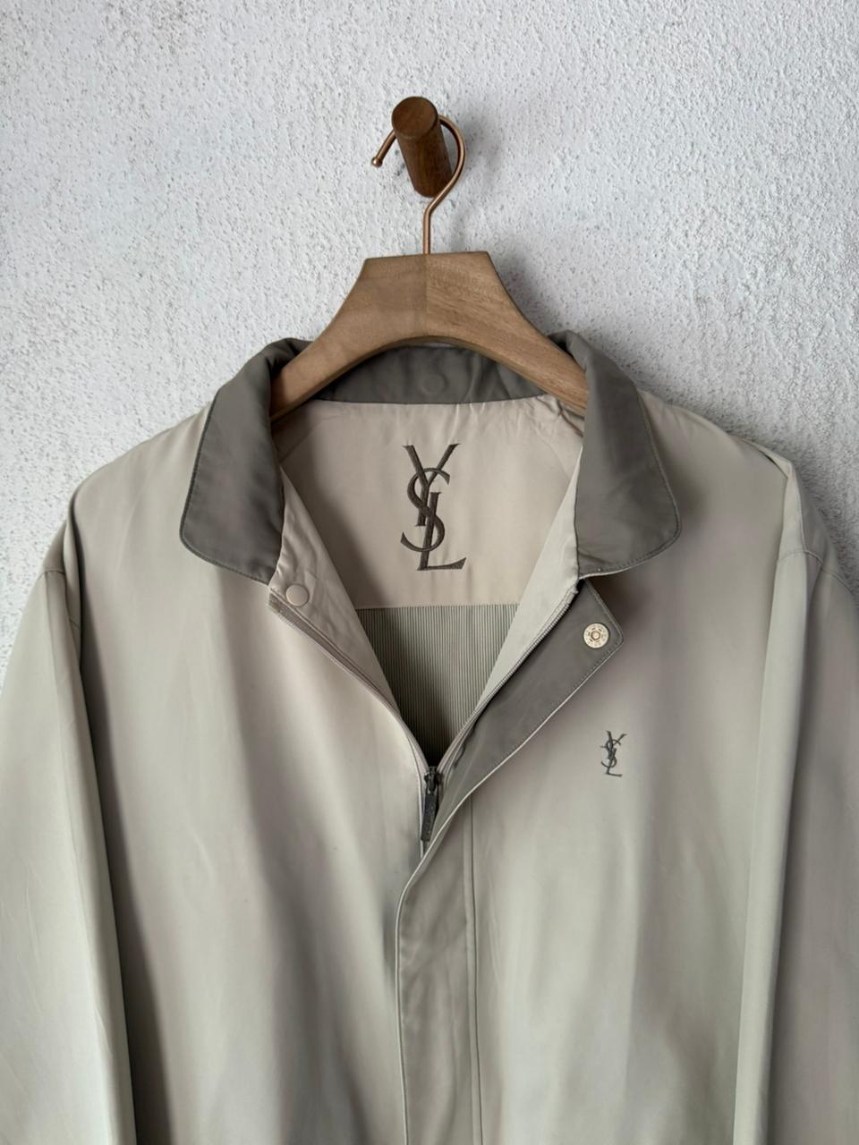Yves Saint Laurent YSL Logo Harrington Jacket Cream Stone Gray Collar Windbreaker