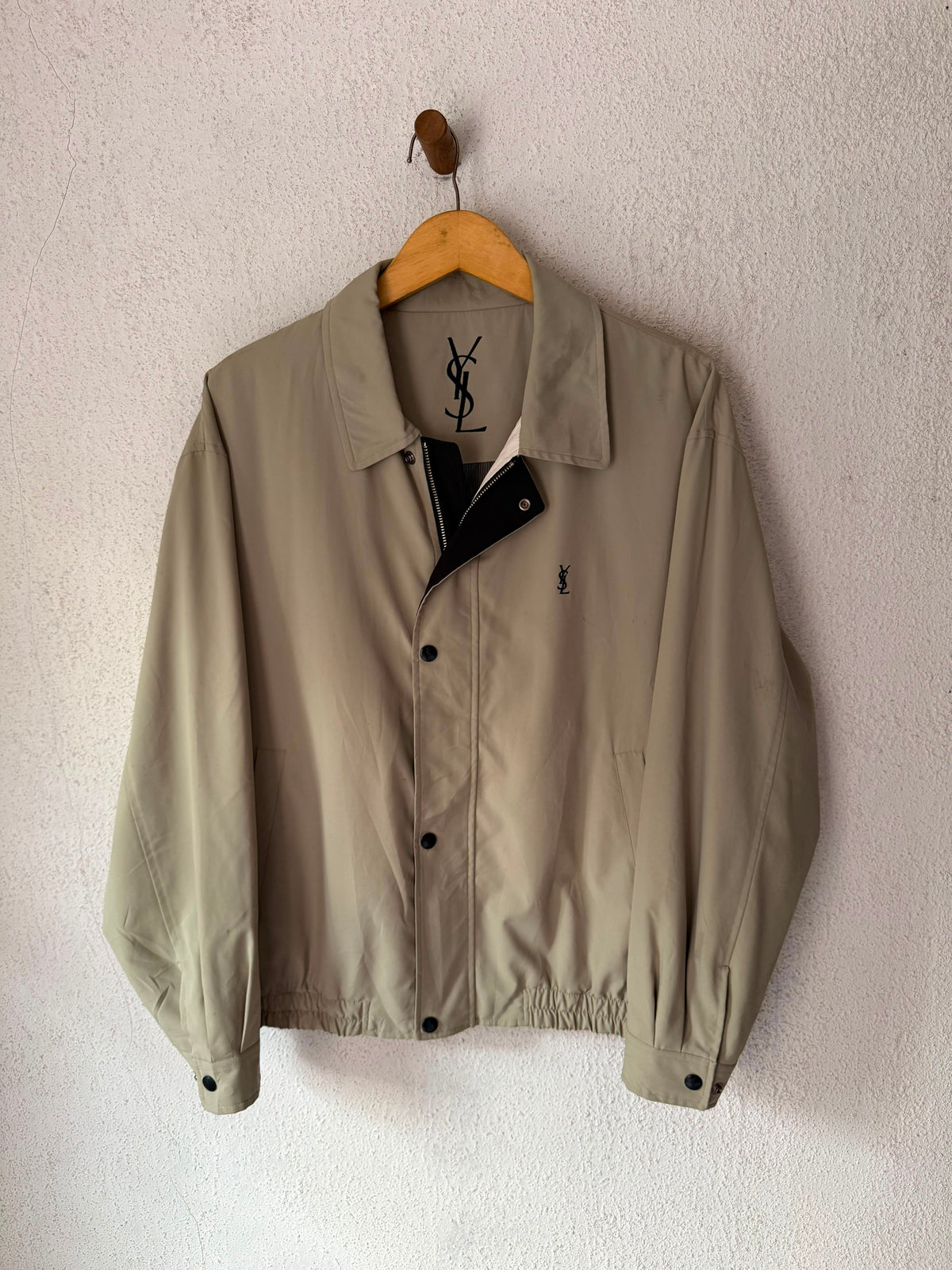 Yves Saint Laurent Vintage YSL Khaki Logo Windbreaker Bomber Jacket Men’s Oversized