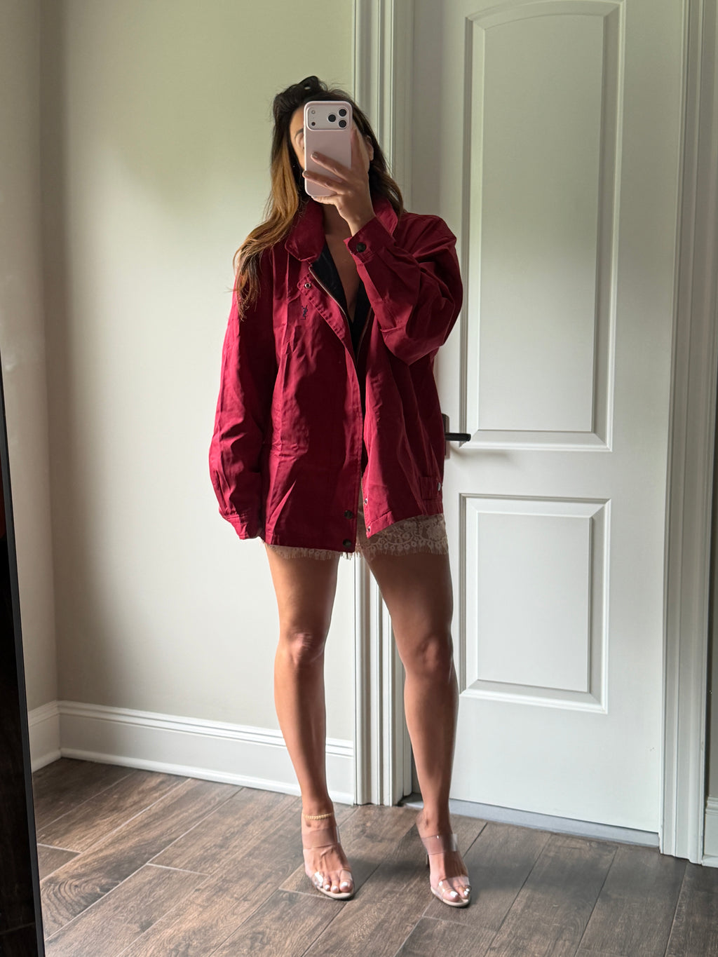 Yves Saint Laurent Vintage 90s Red YSL Logo Windbreaker Jacket Navy Logo Hidden Hood Size 100 Oversized