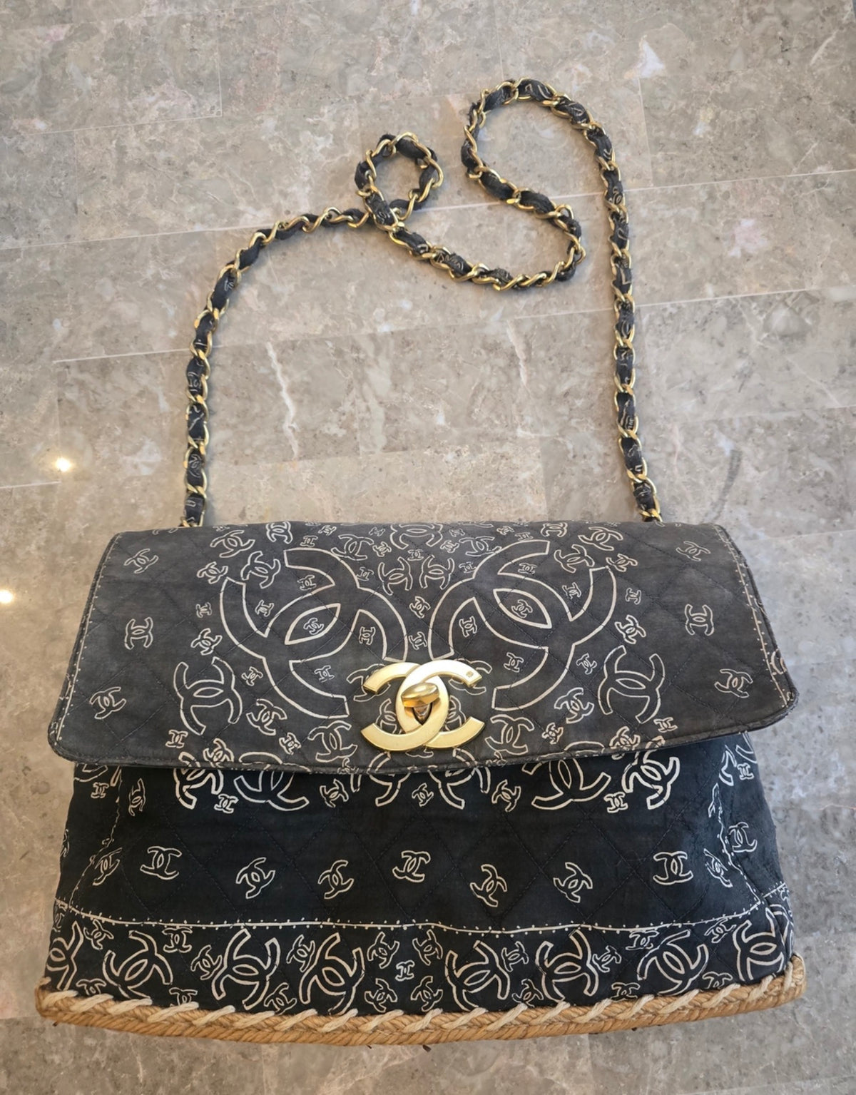 CHANEL 1990s Vintage Bandana Jumbo Flap Bag Black CC Logo 24K Gold Chain Rare