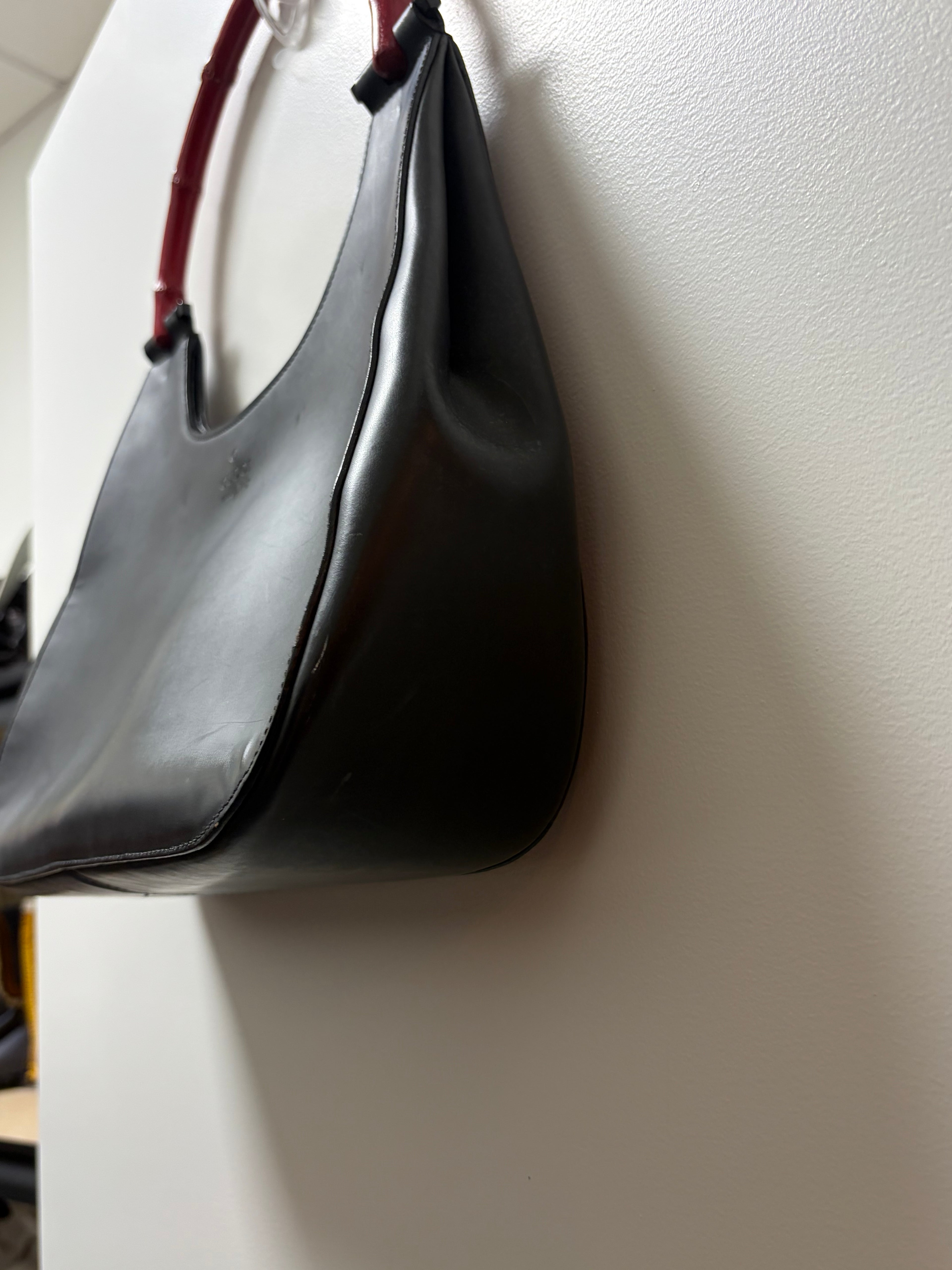 Gucci Bamboo Handle Shoulder Bag Black Leather & Red Bamboo