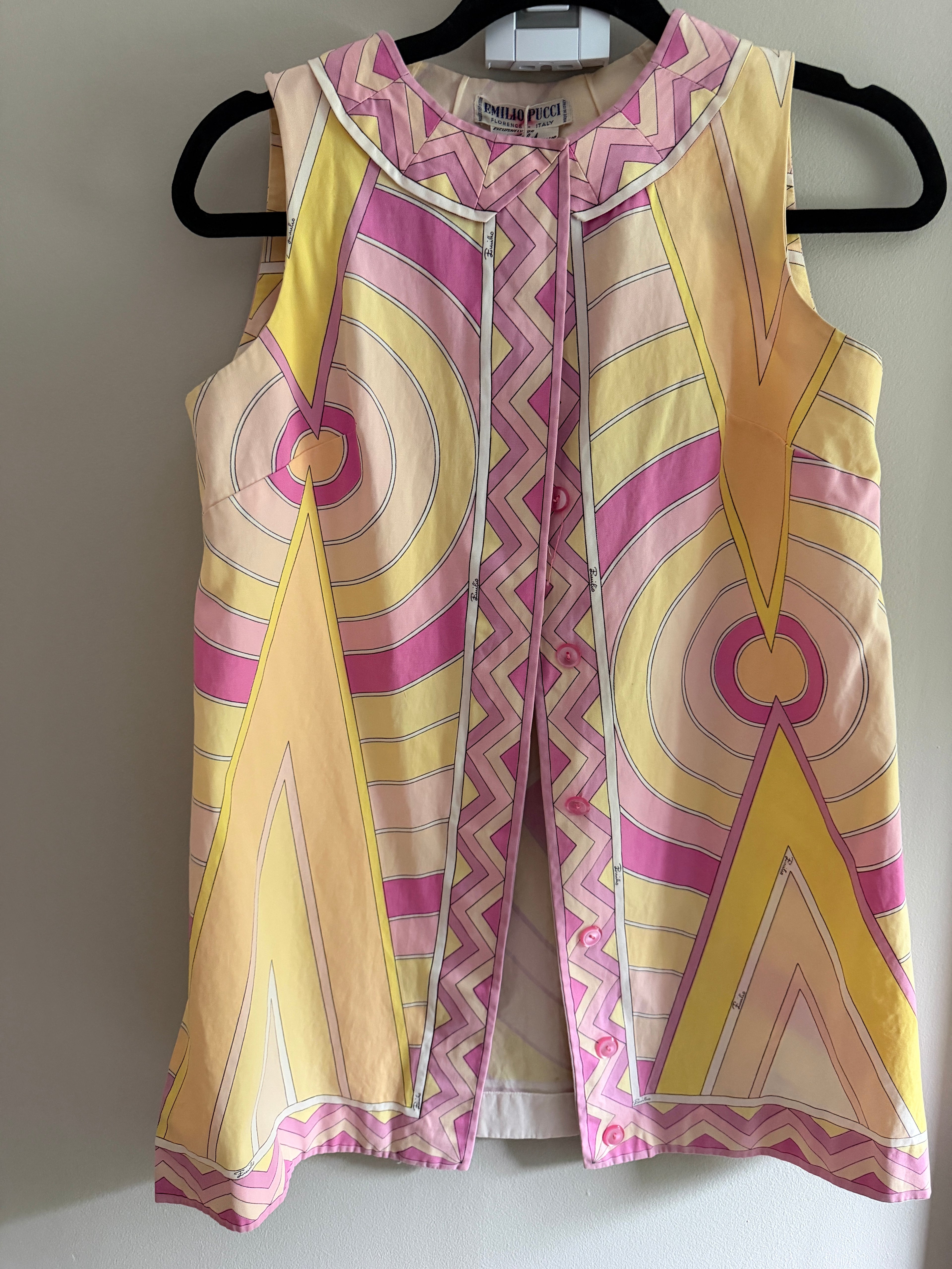 Emilio Pucci Cotton Poplin Sleeveless Tunic Top Pink Yellow Geometric Print Saks Fifth Avenue