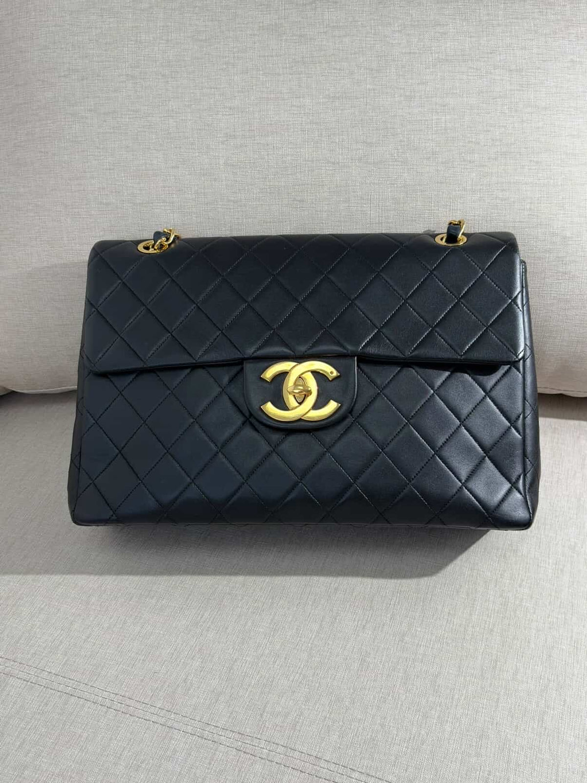 Chanel Maxi Flap Bag Black Quilted Leather 24K Gold Plated CC Vintage 1991-1994