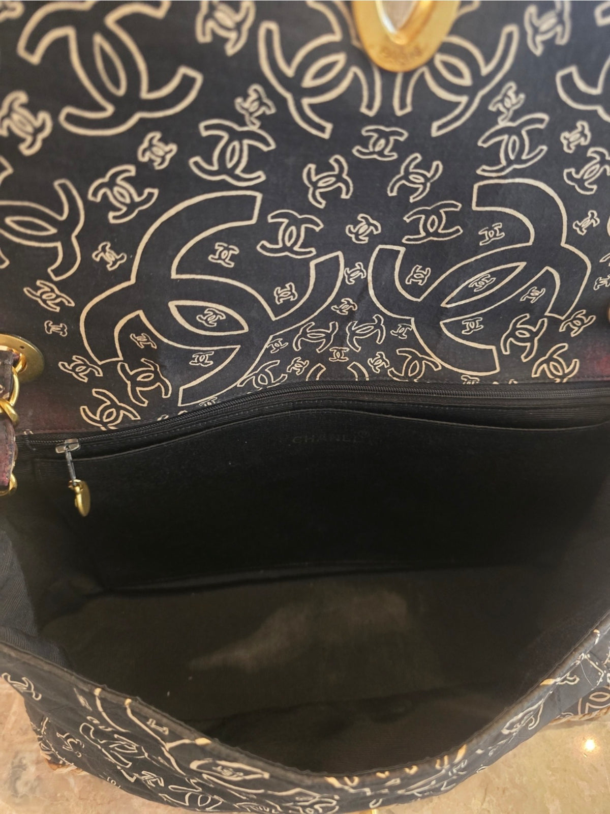 CHANEL 1990s Vintage Bandana Jumbo Flap Bag Black CC Logo 24K Gold Chain Rare