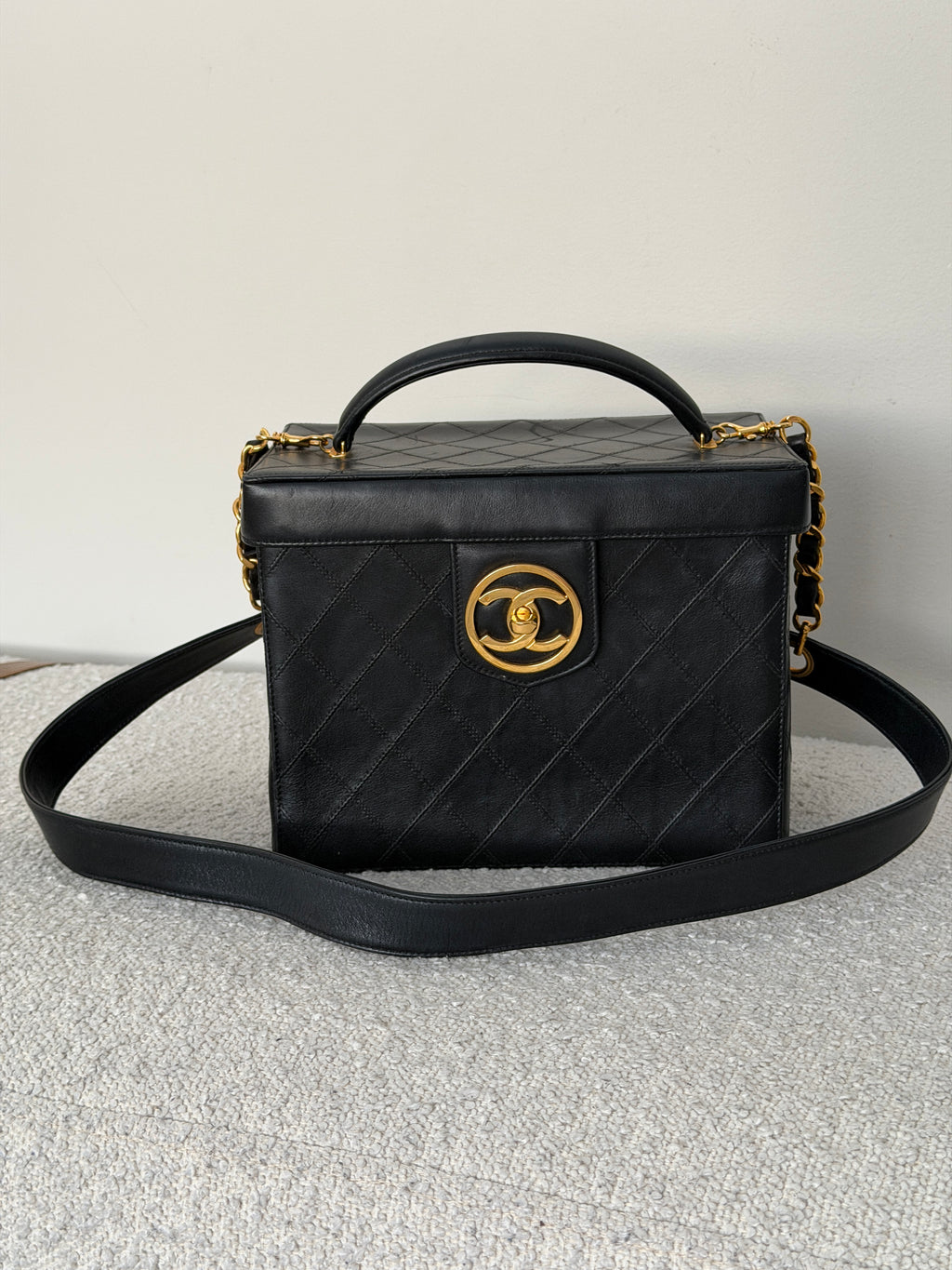 Chanel 90’s Black Lambskin Square Camera Vanity Bag with Strap