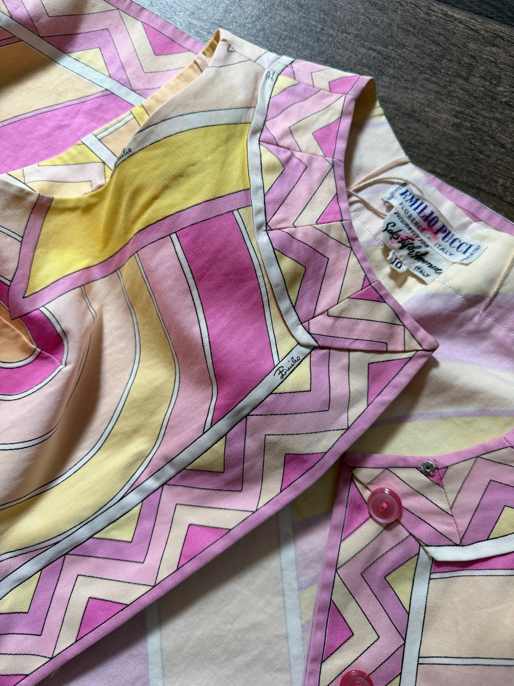 Emilio Pucci Cotton Poplin Sleeveless Tunic Top Pink Yellow Geometric Print Saks Fifth Avenue