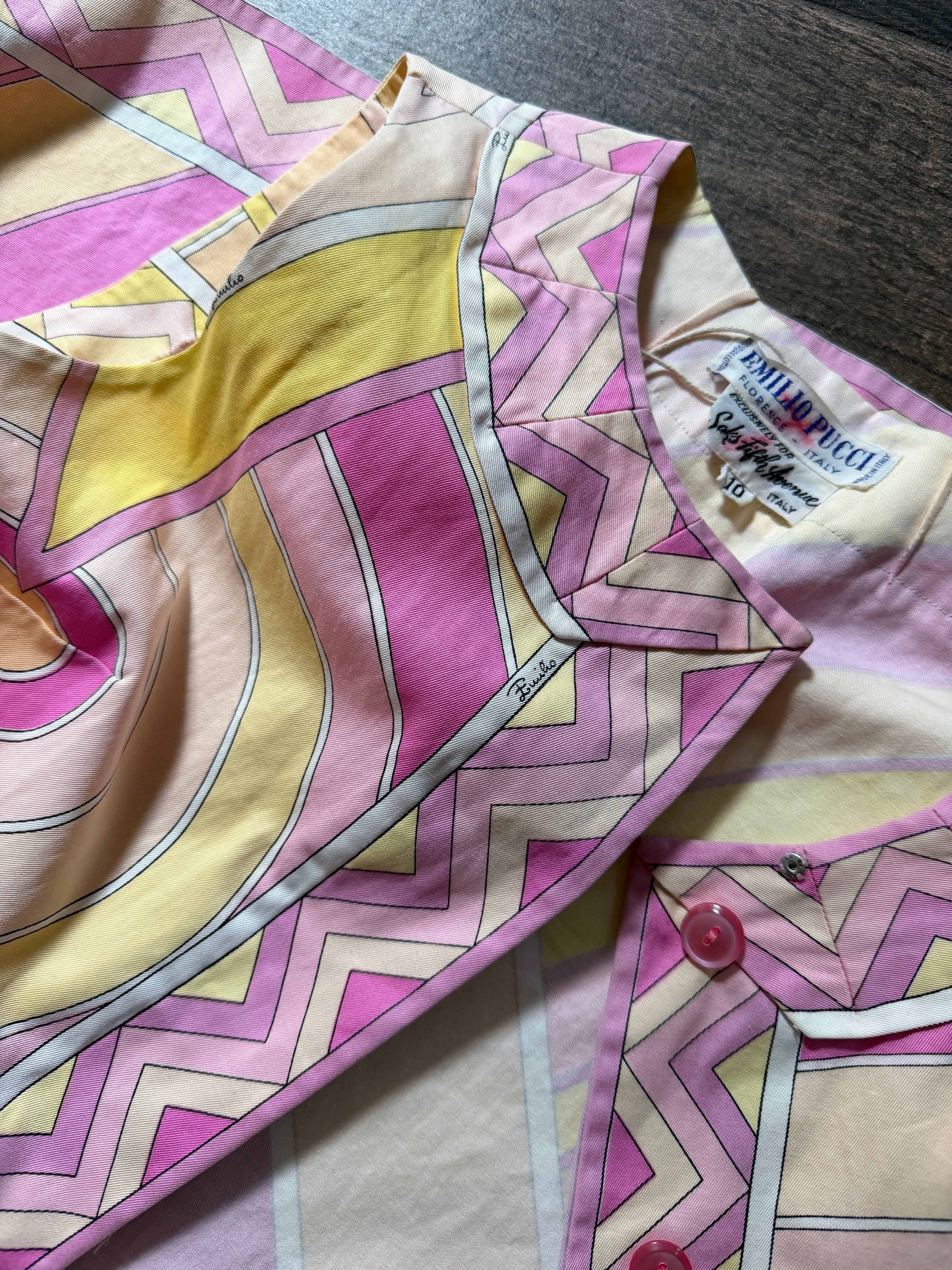 Emilio Pucci Cotton Poplin Sleeveless Tunic Top Pink Yellow Geometric Print Saks Fifth Avenue
