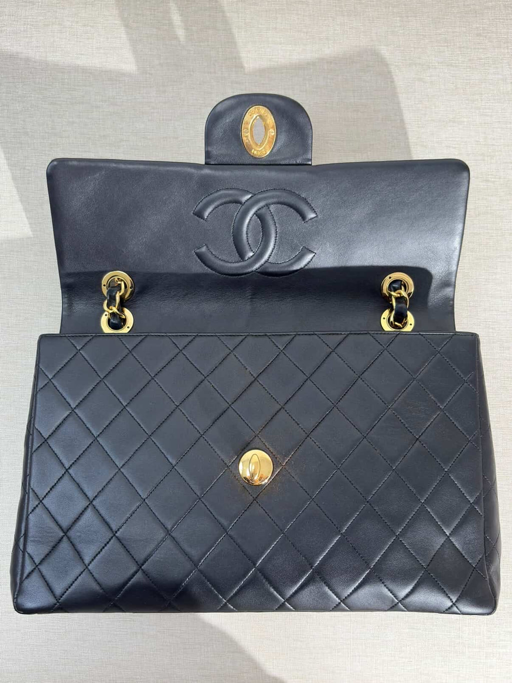 Chanel Maxi Flap Bag Black Quilted Leather 24K Gold Plated CC Vintage 1991-1994