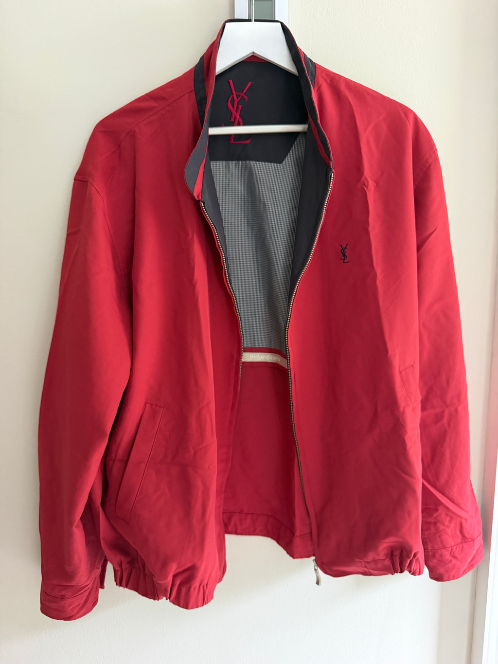 Yves Saint Laurent Vintage 90s Red YSL Logo Windbreaker Jacket Navy Logo Size 110 Oversized