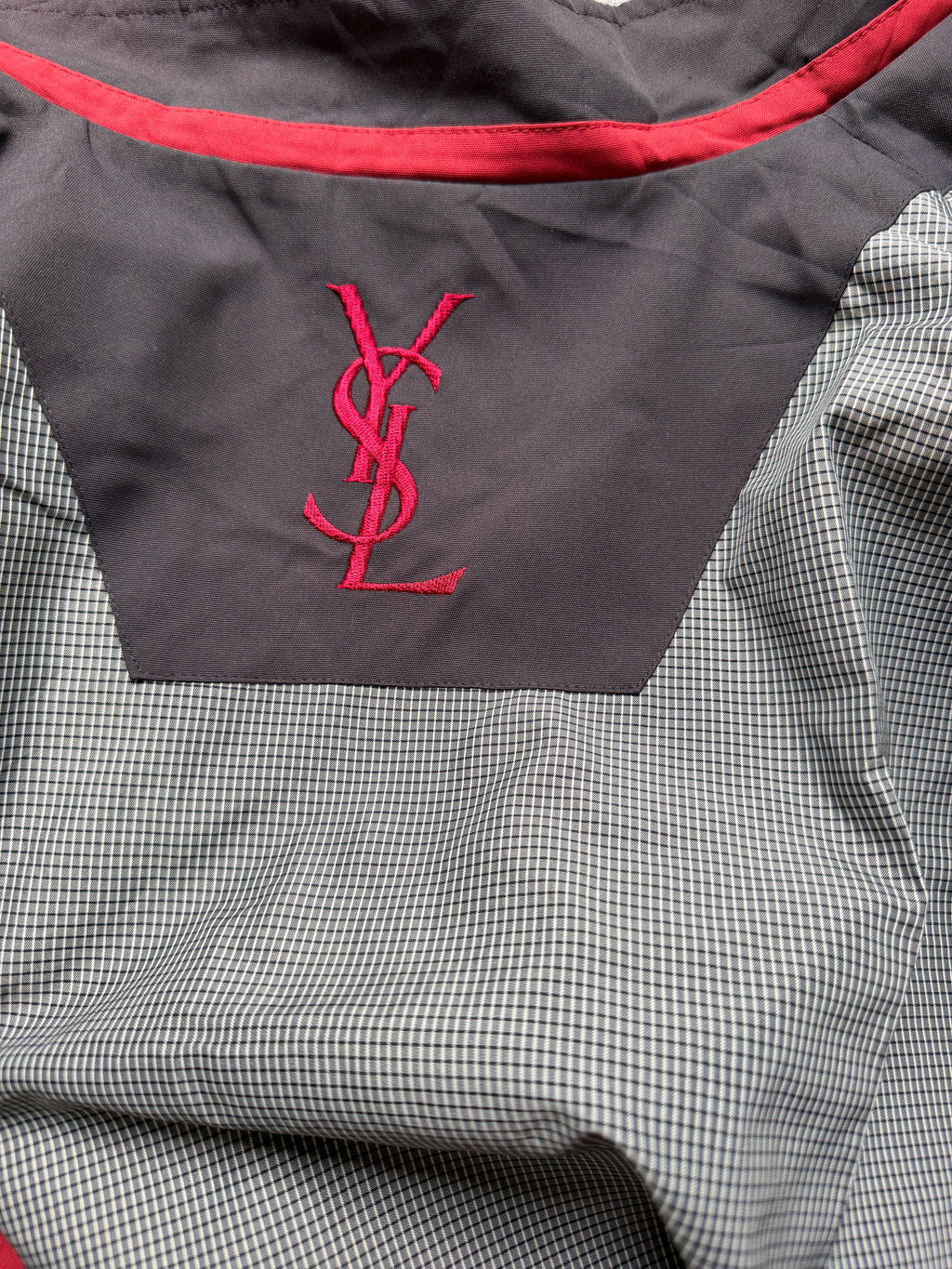 Yves Saint Laurent Vintage 90s Red YSL Logo Windbreaker Jacket Navy Logo Size 110 Oversized