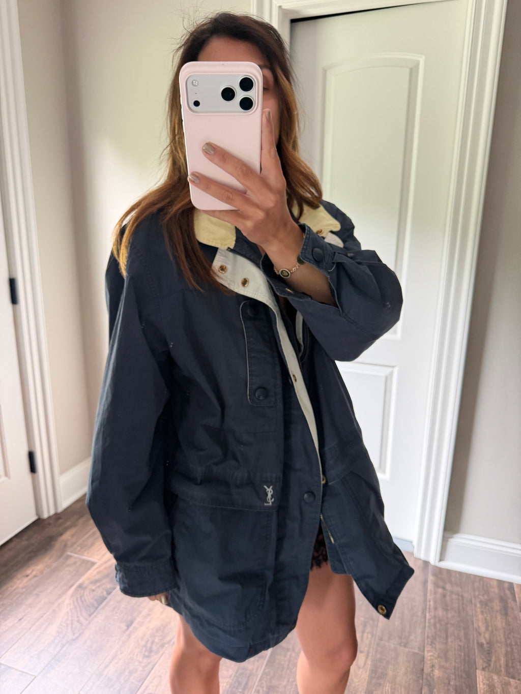 Yves Saint Laurent Vintage 90s Chino Blue YSL Logo Utility Windbreaker Jacket Gold Hardware Size 100 Oversized