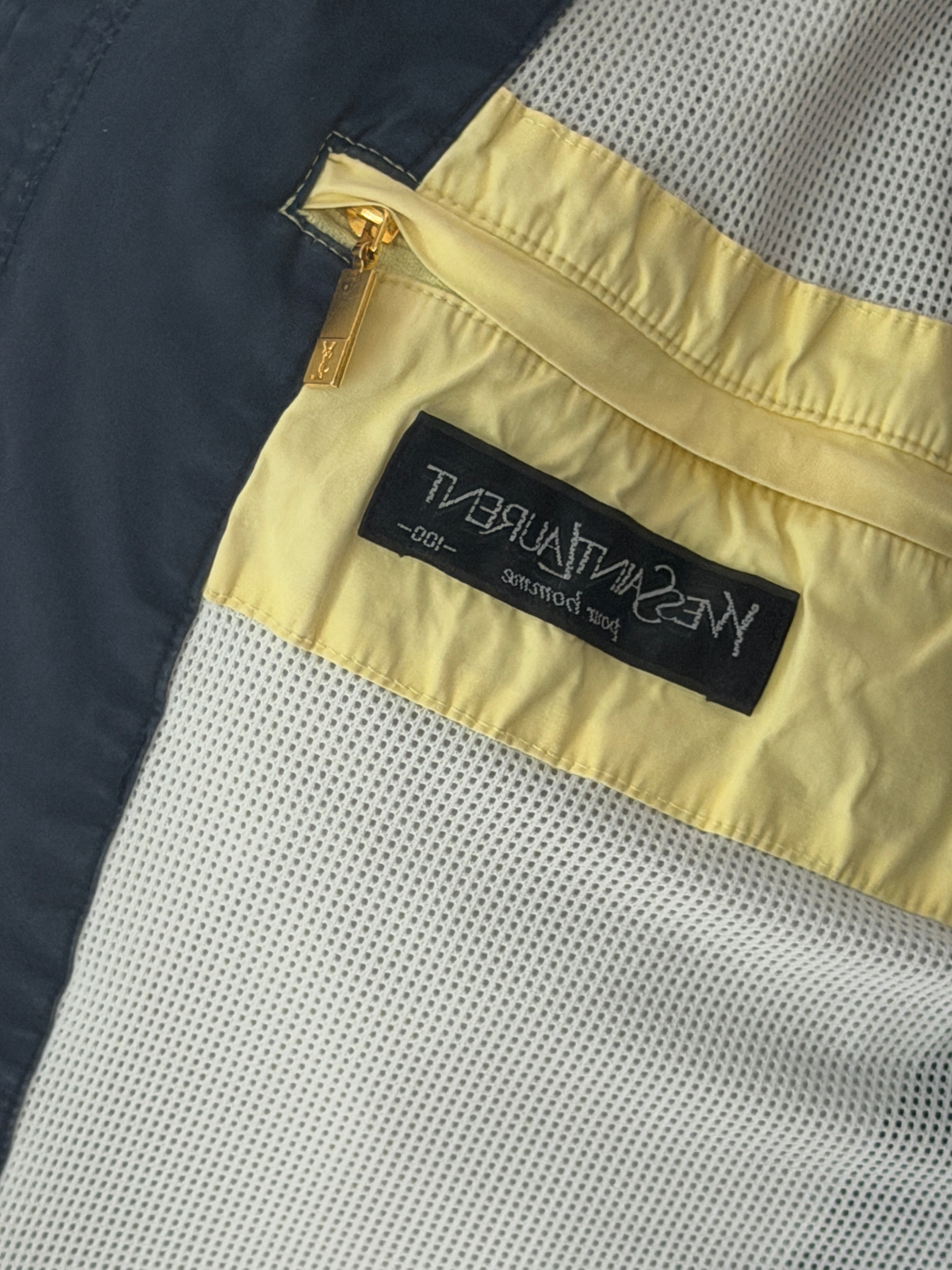 Yves Saint Laurent Vintage 90s Chino Blue YSL Logo Utility Windbreaker Jacket Gold Hardware Size 100 Oversized
