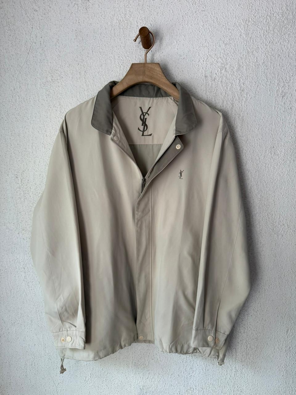 Yves Saint Laurent YSL Logo Harrington Jacket Cream Stone Gray Collar Windbreaker