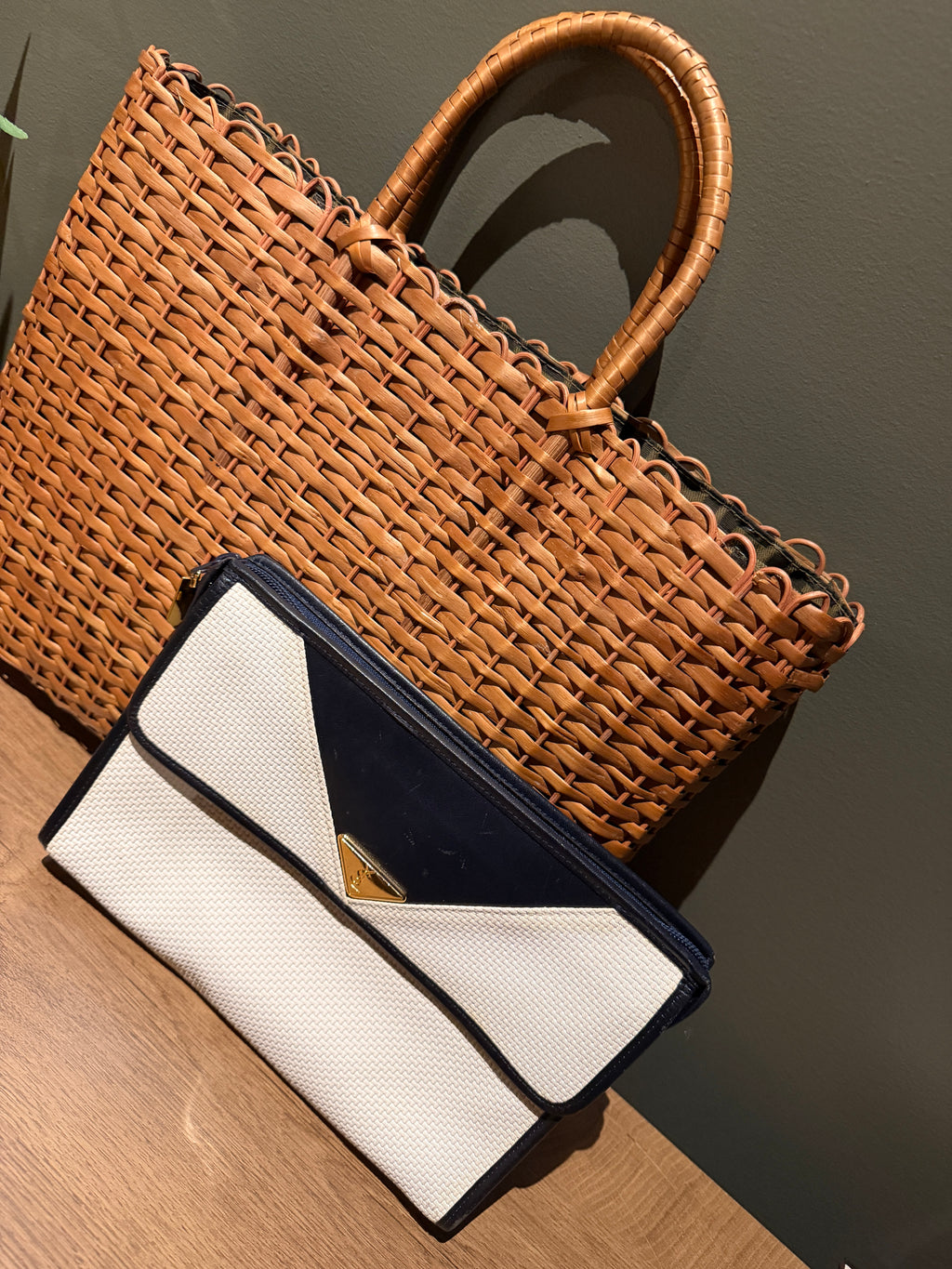 Yves Saint Laurent White & Navy YSL Logo PVC Clutch Bag