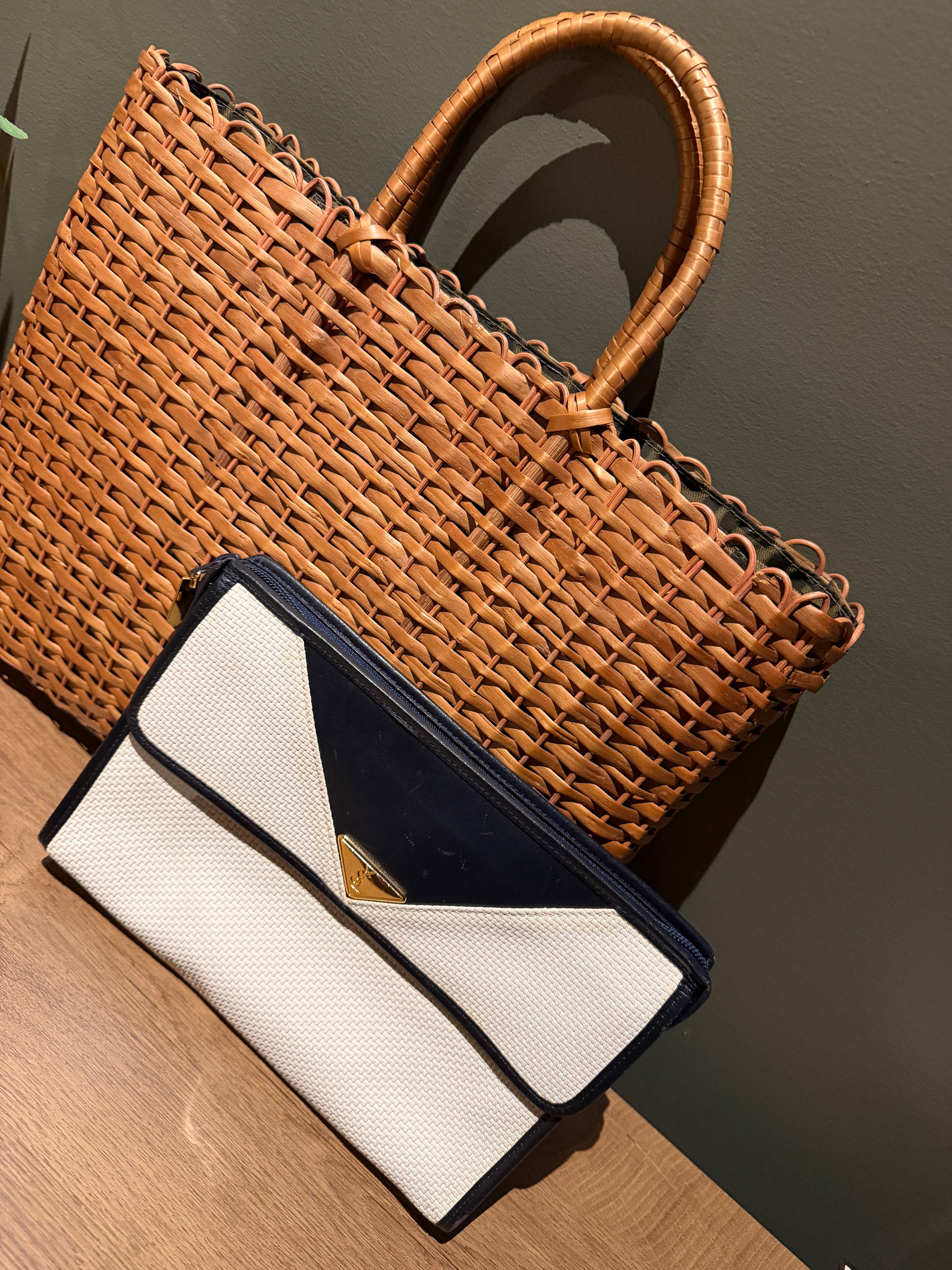 Yves Saint Laurent White & Navy YSL Logo PVC Clutch Bag