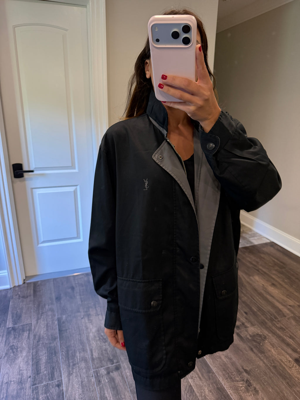 Yves Saint Laurent YSL Vintage Reversible Gray Black Bomber Windbreaker Jacket