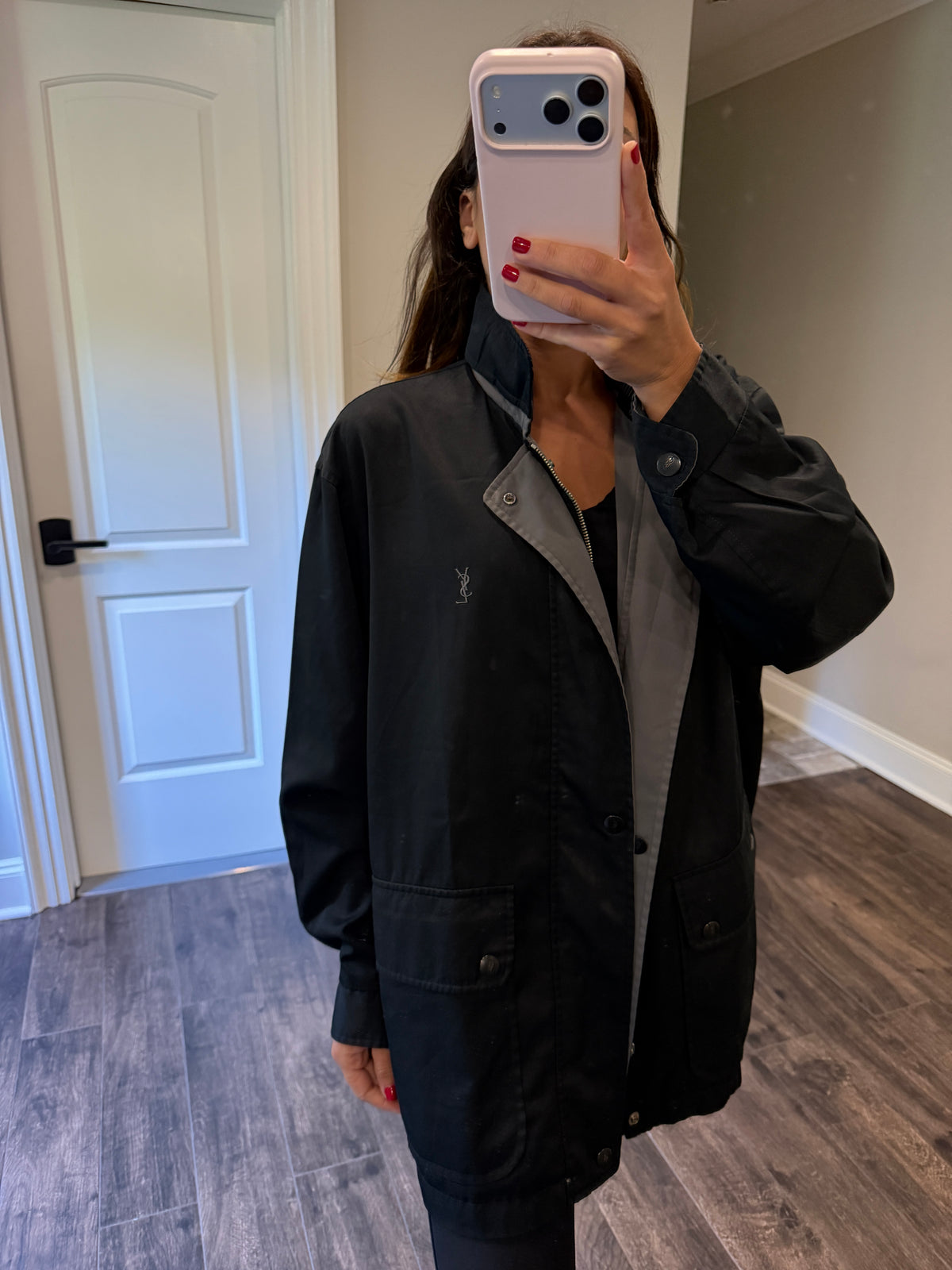 Yves Saint Laurent YSL Vintage Reversible Gray Black Bomber Windbreaker Jacket