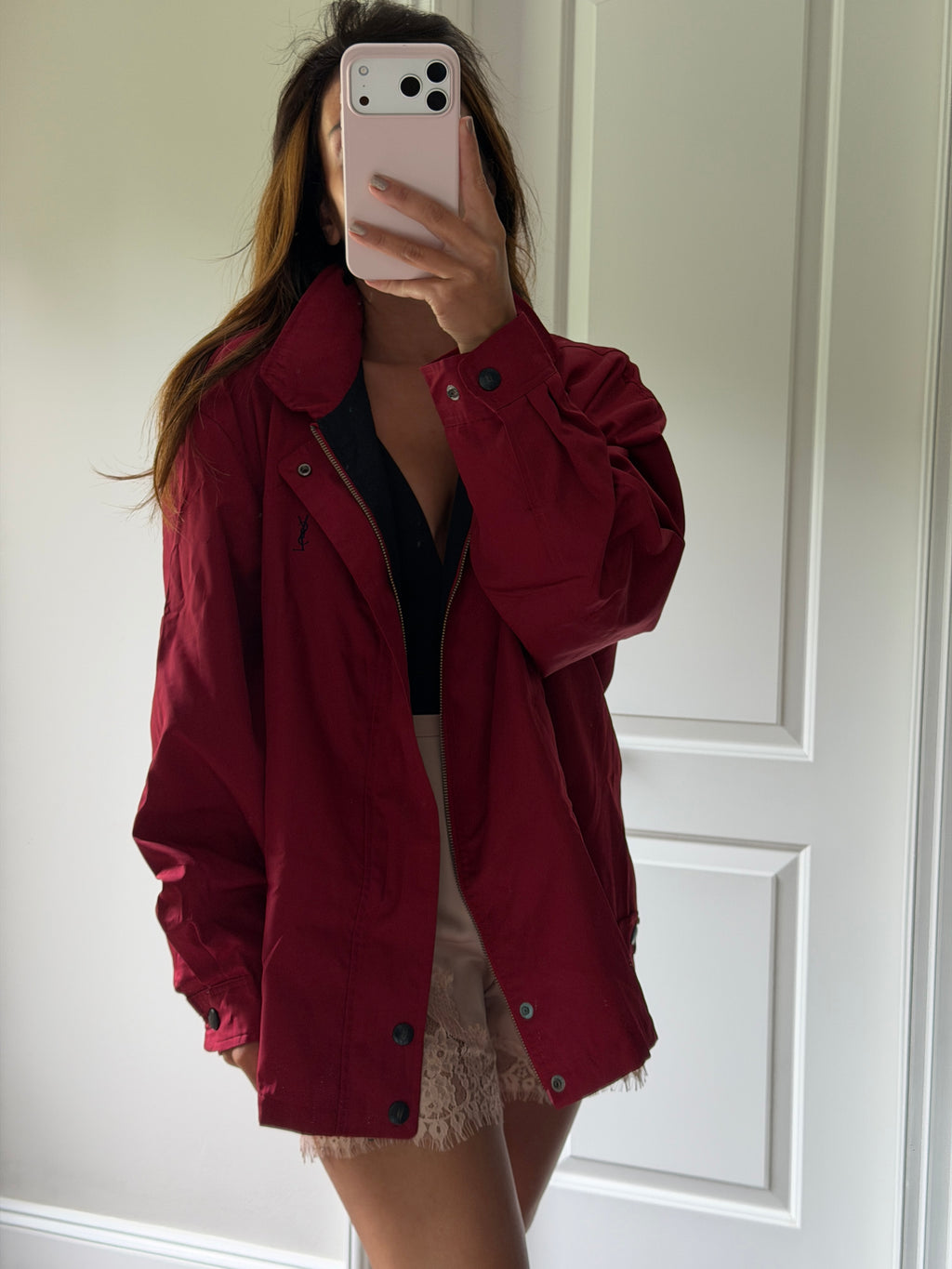 Yves Saint Laurent Vintage 90s Red YSL Logo Windbreaker Jacket Navy Logo Hidden Hood Size 100 Oversized