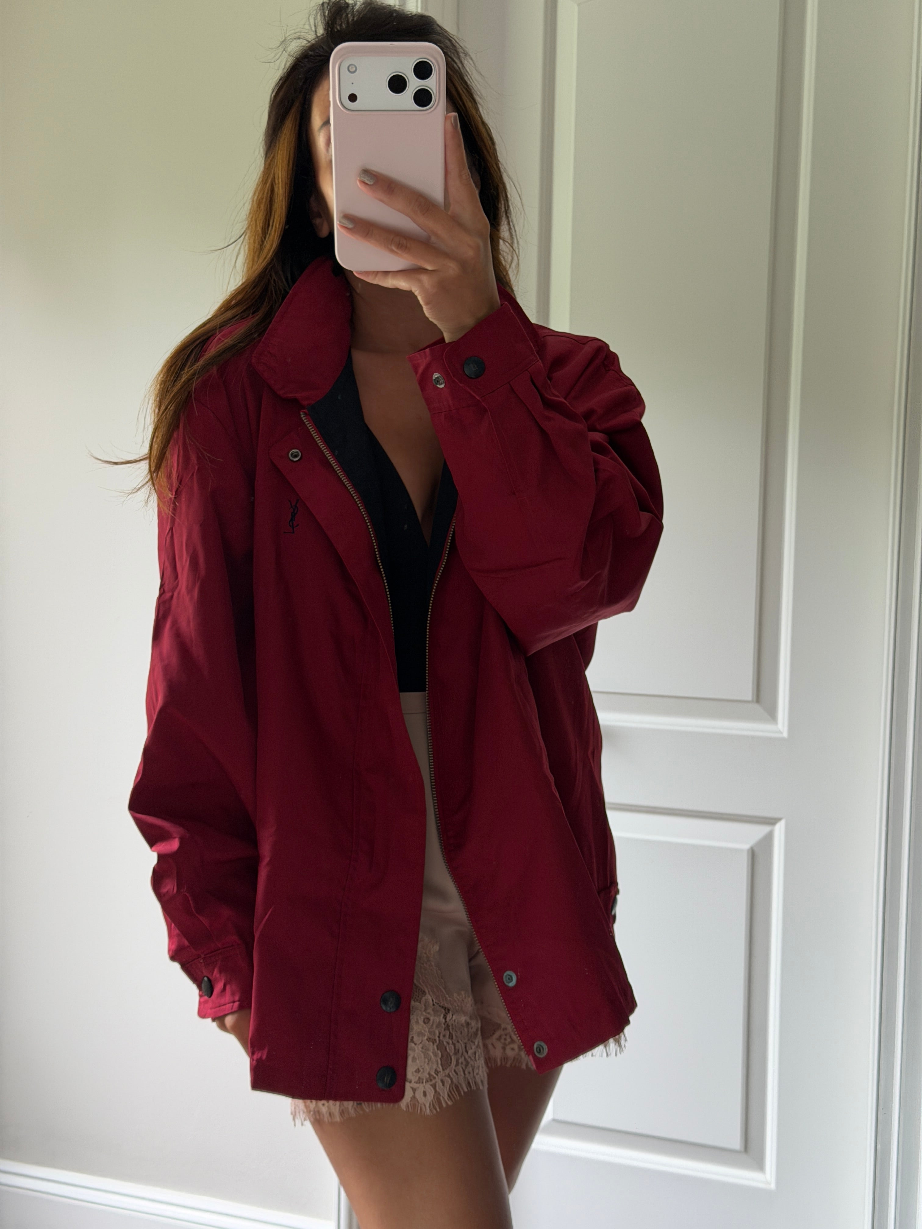Yves Saint Laurent Vintage 90s Red YSL Logo Windbreaker Jacket Navy Logo Hidden Hood Size 100 Oversized