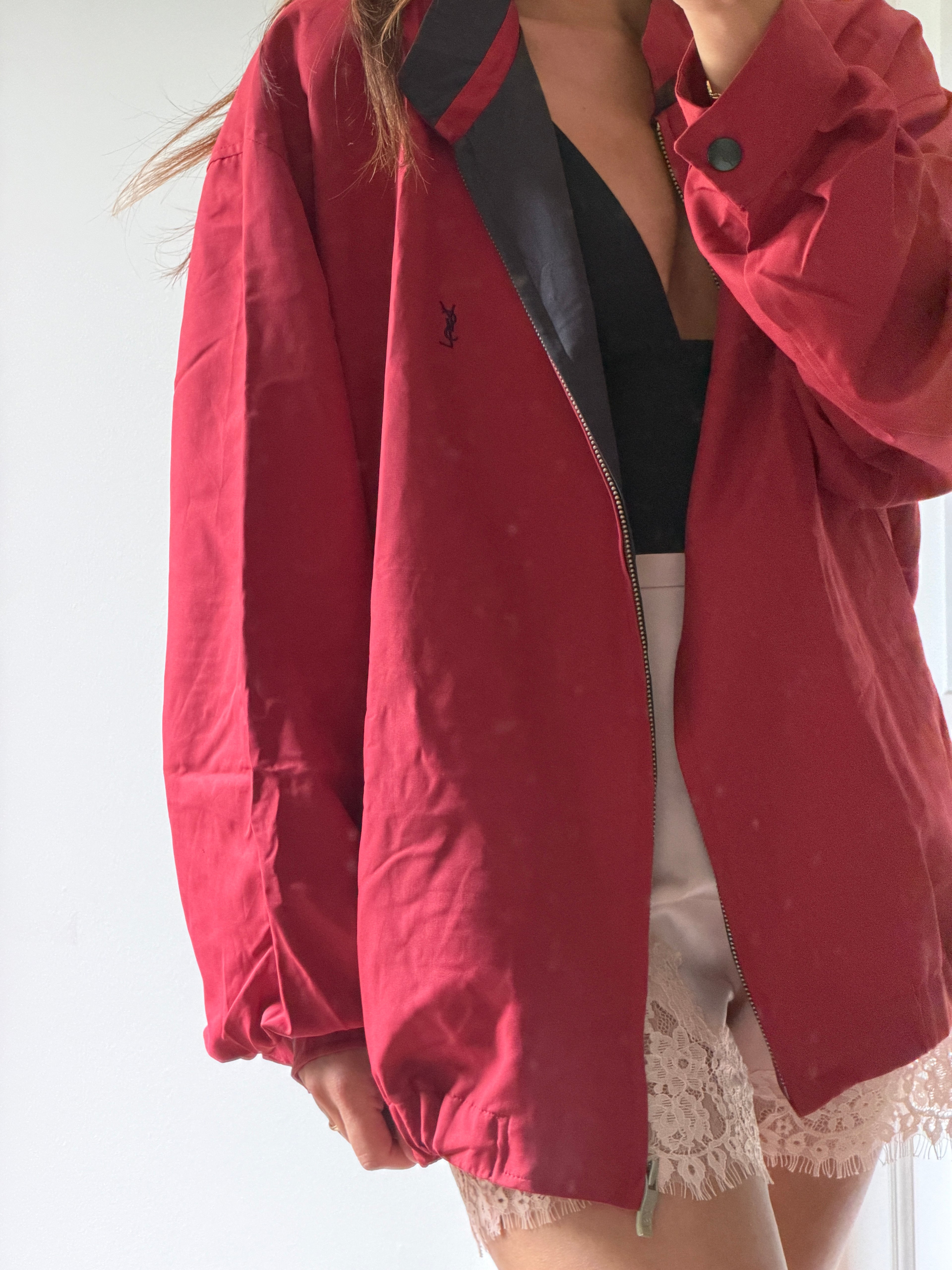 Yves Saint Laurent Vintage 90s Red YSL Logo Windbreaker Jacket Navy Logo Size 110 Oversized
