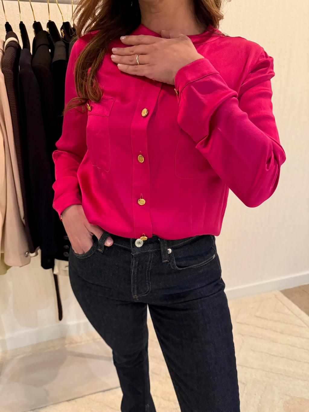 Chanel 1991 Pink Silk Button-Up Blouse Gold CC Logo Buttons FR36