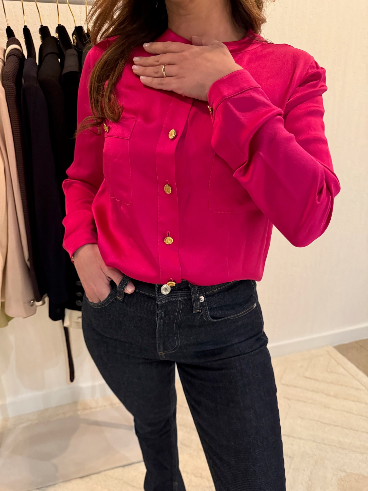 Chanel 1991 Pink Silk Button-Up Blouse Gold CC Logo Buttons FR36