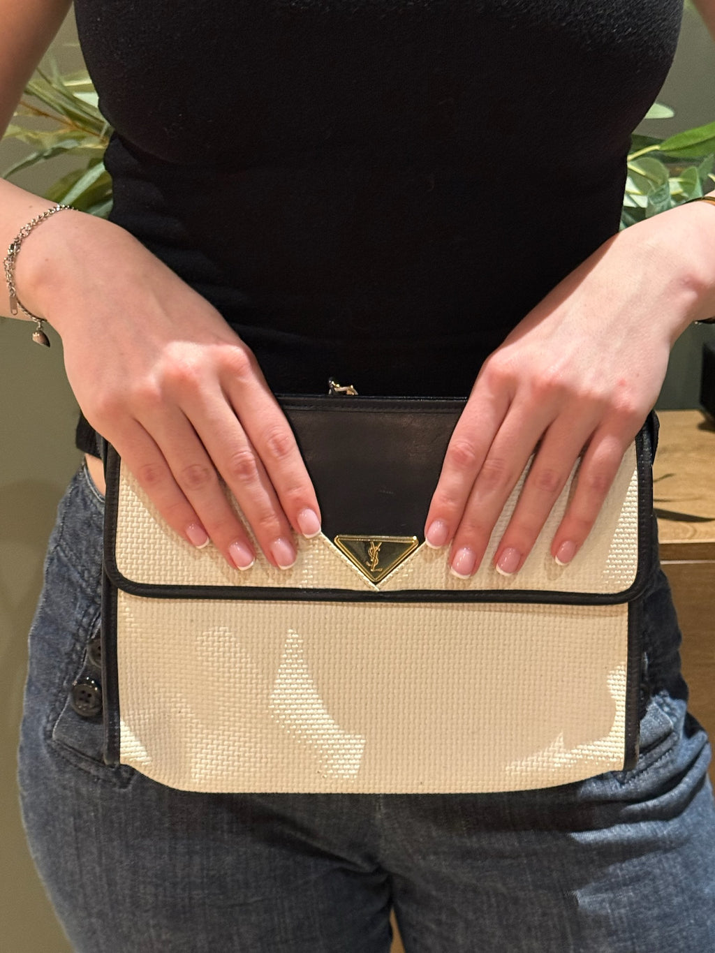 Yves Saint Laurent White & Navy YSL Logo PVC Clutch Bag