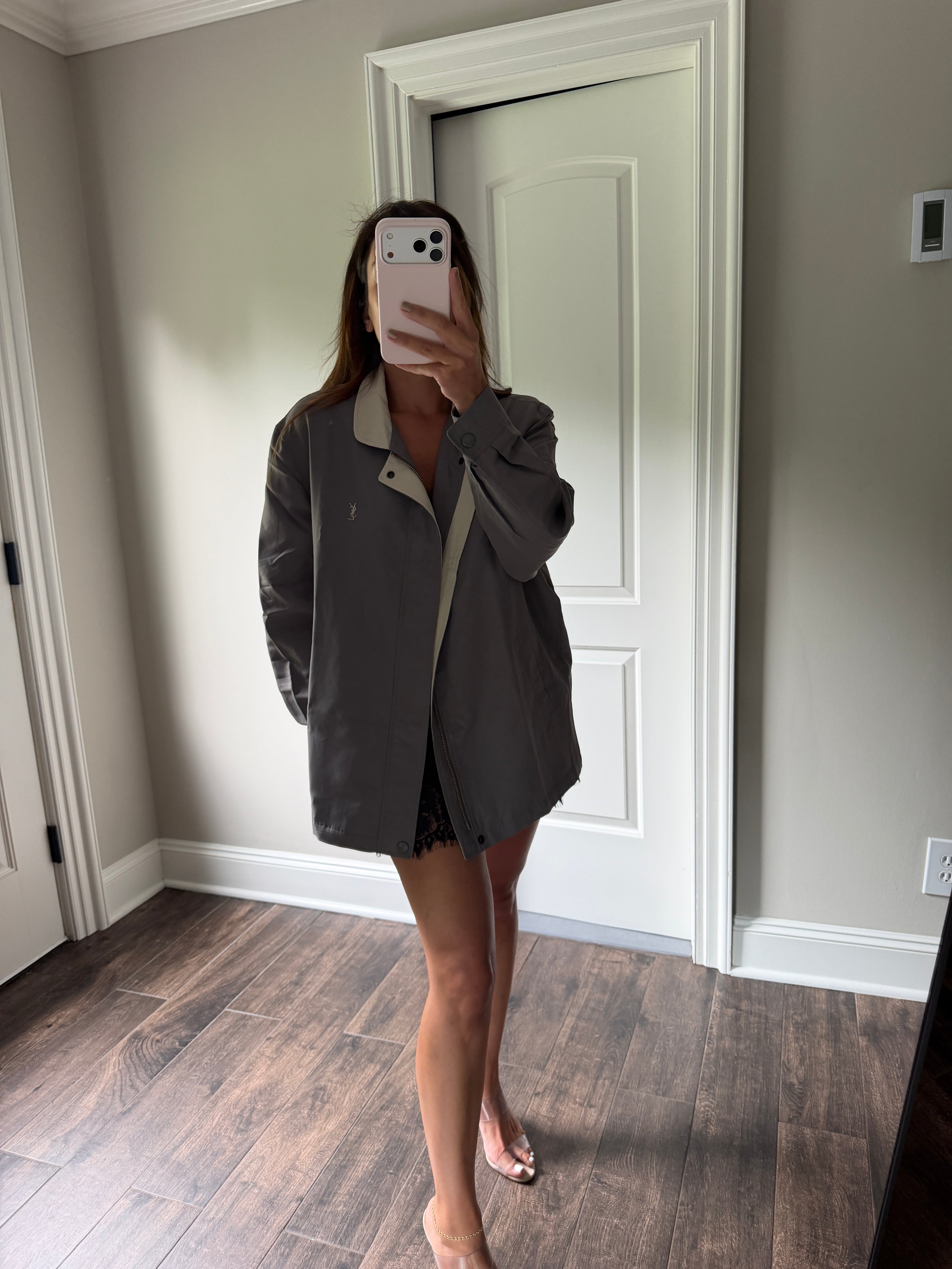 Yves Saint Laurent Vintage 90s Dark Khaki Green YSL Logo Windbreaker Jacket Ivory Collar Size 95 Oversized
