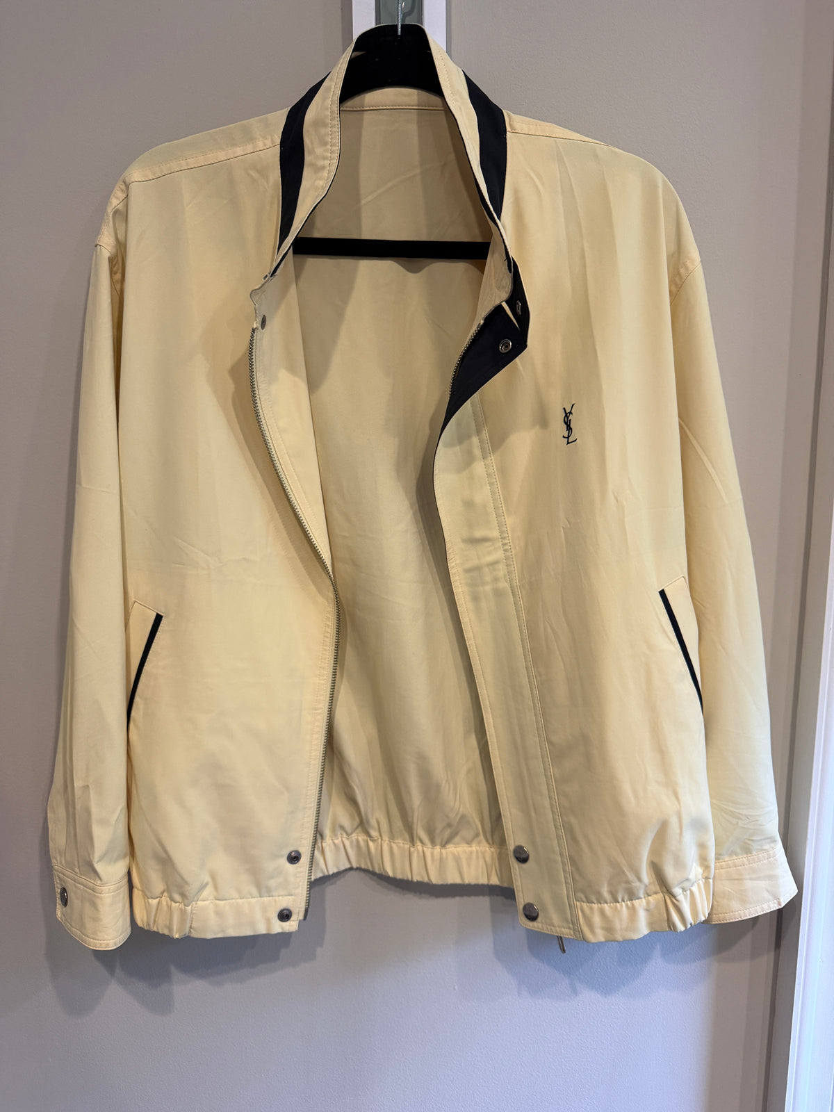 Yves Saint Laurent Vintage Butter Yellow Navy YSL Logo Bomber Windbreaker Jacket size 95