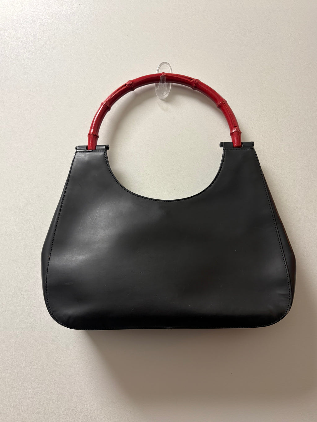 Gucci Bamboo Handle Shoulder Bag Black Leather & Red Bamboo
