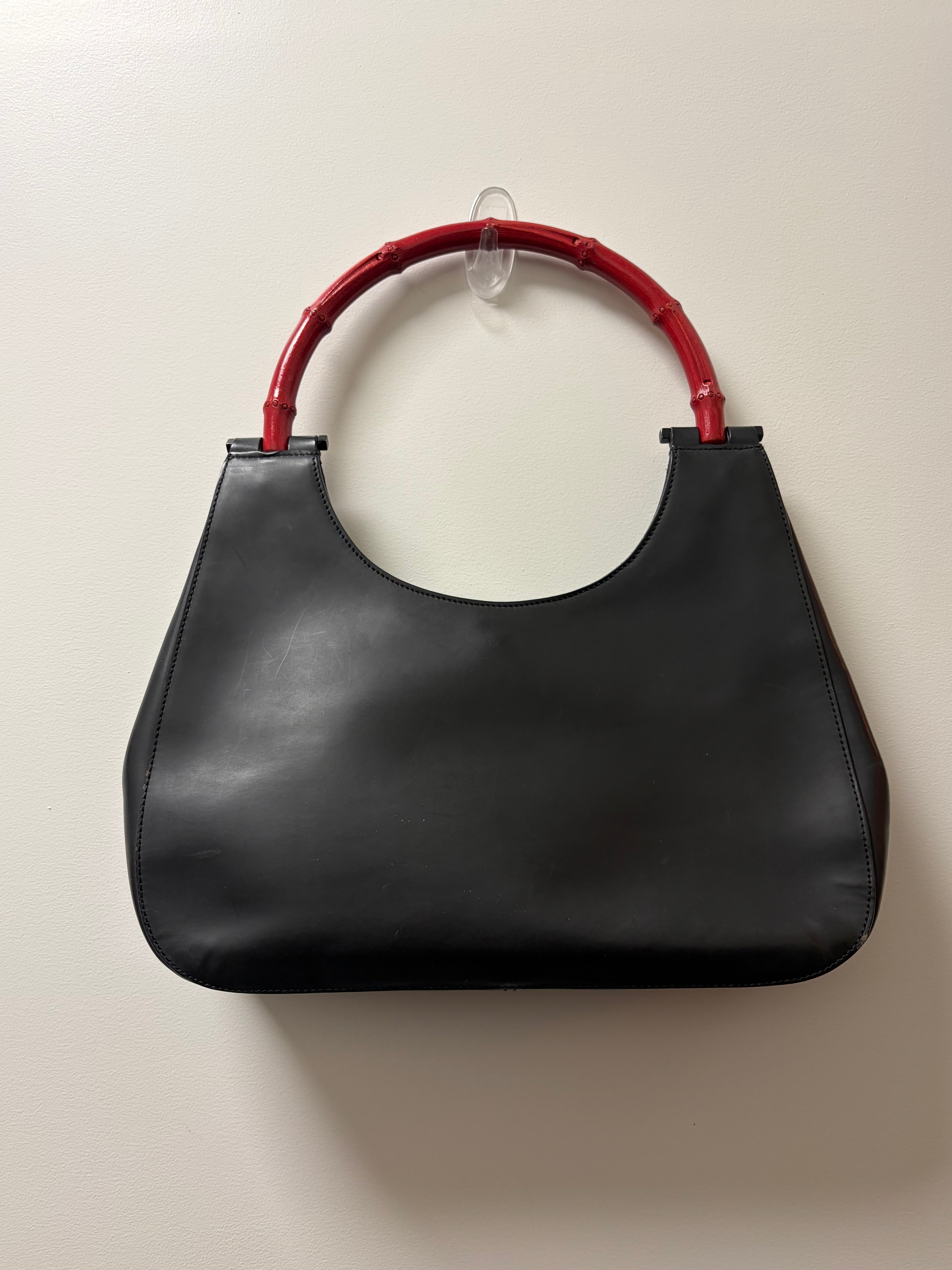 Gucci Bamboo Handle Shoulder Bag Black Leather & Red Bamboo