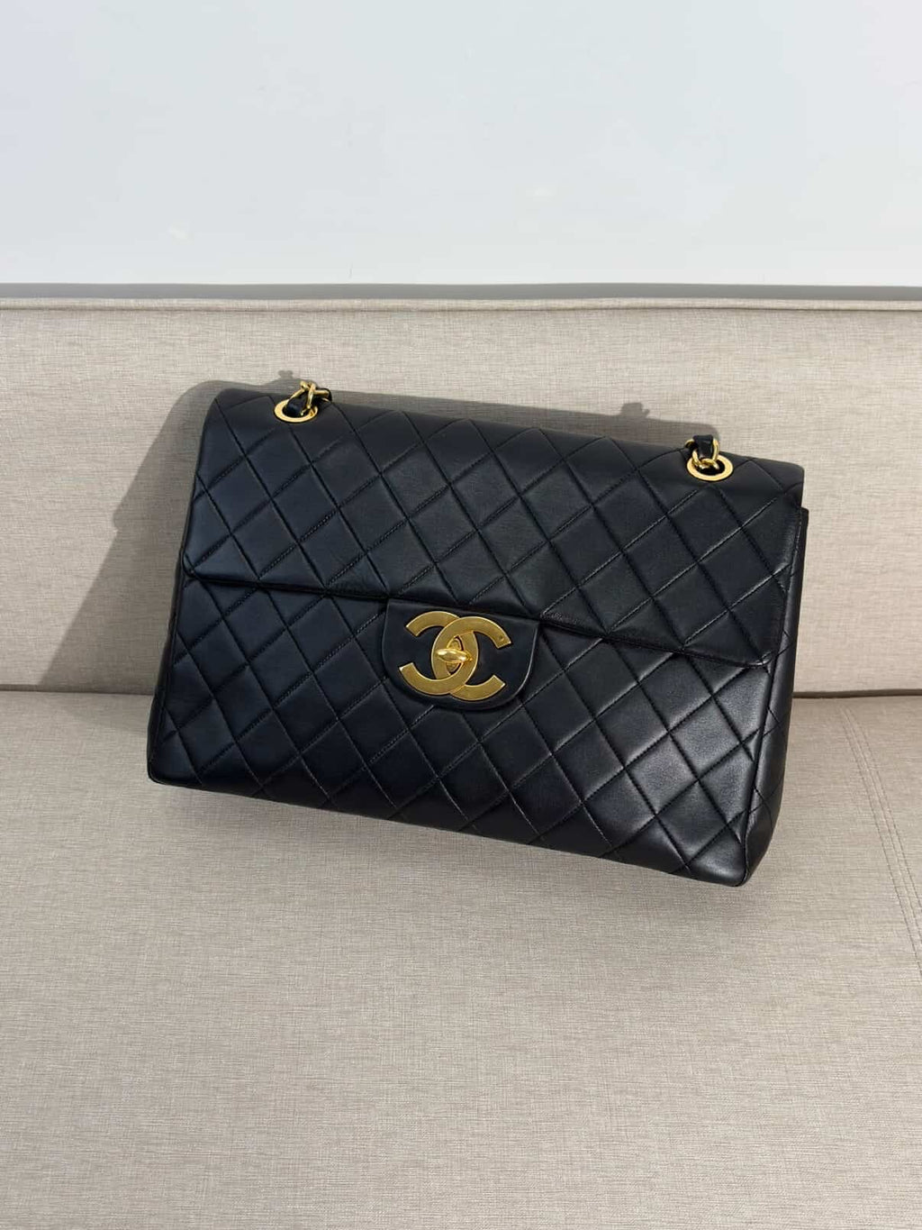 Chanel Maxi Flap Bag Black Quilted Leather 24K Gold Plated CC Vintage 1991-1994